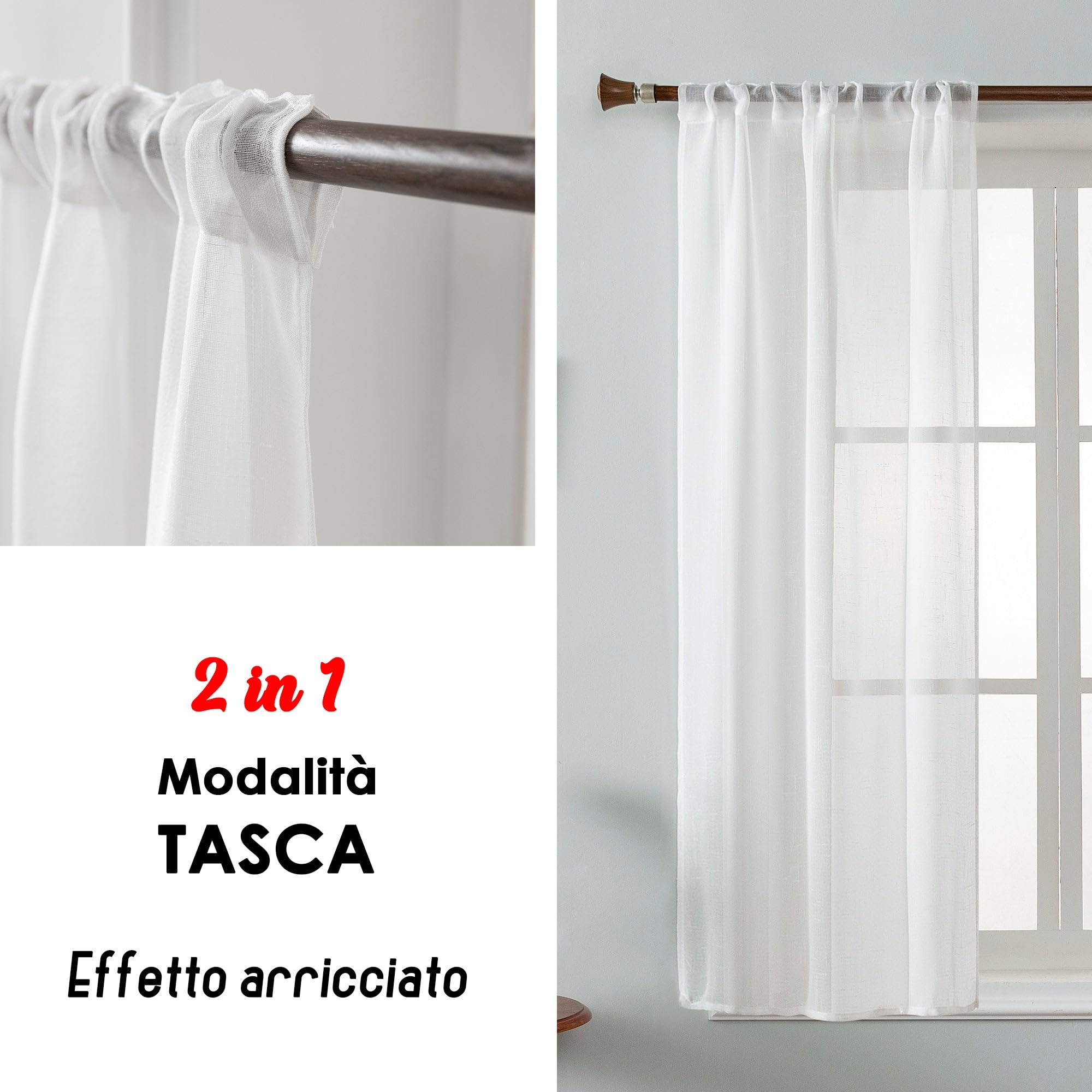 GIRASOLE HOME Coppia Tende Haiti Filtranti Simil Lino con Trama a Croci 2 Pannelli con Tasca e Passanti Nascosti (Bianco, 70x130cm)