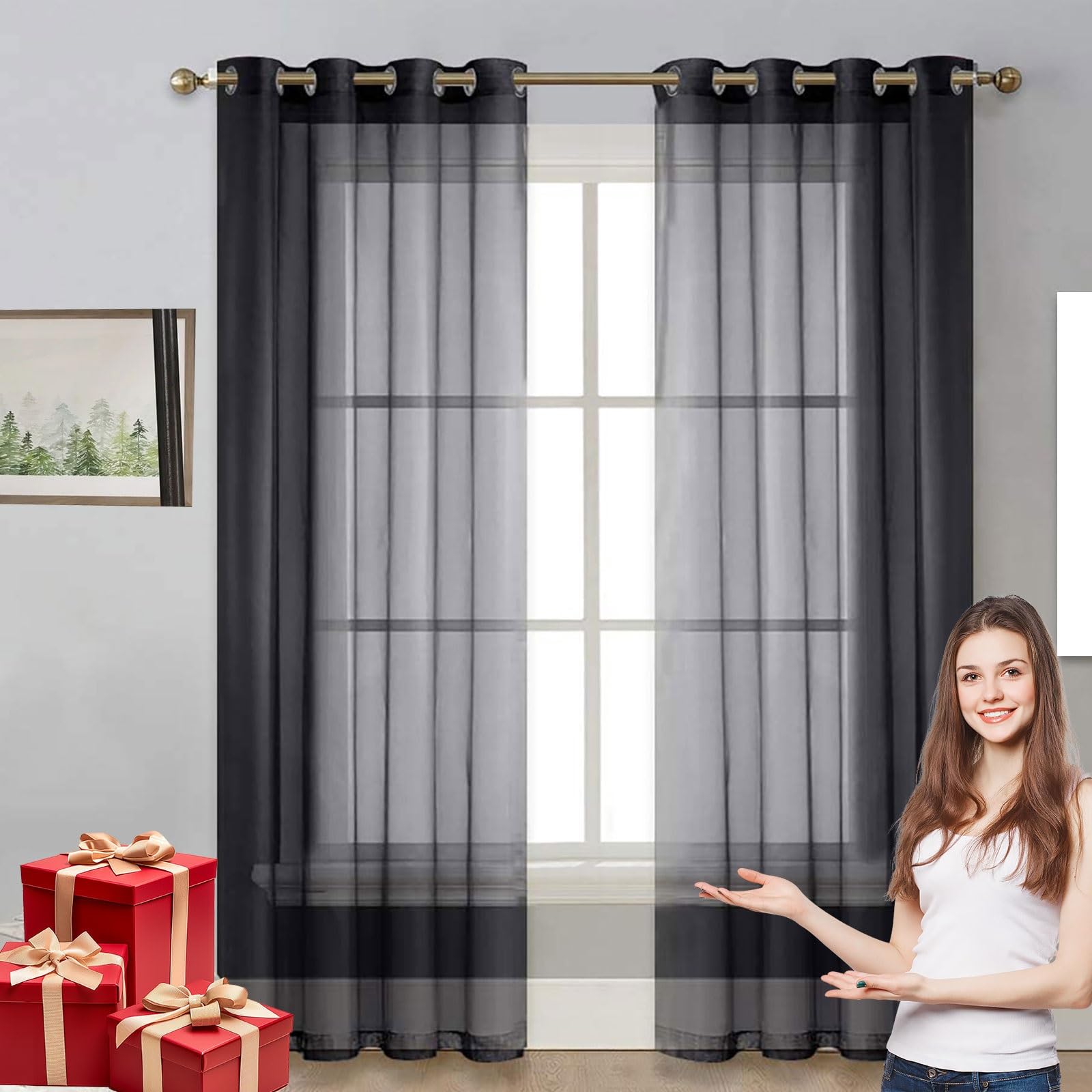 Voilage voilages de maison en polyester noir rideau courtc 270 x 190 cm à passants