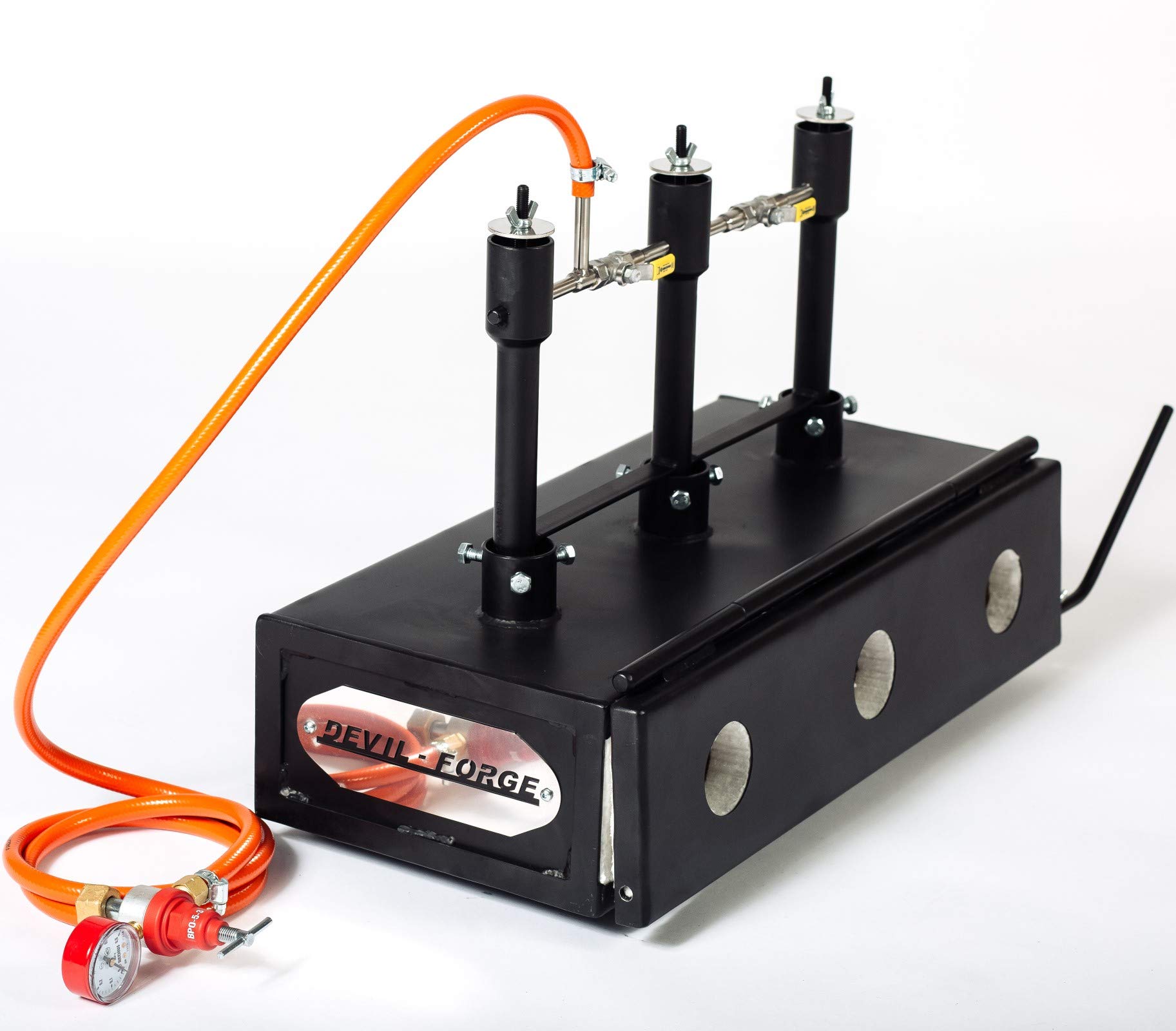 DEVIL-FORGE Fragua de gas DFHS3+1D/3.6” Horno de Forja, 3 Quemadores DFP (240.000 BTU) usas 1/2o3, Válvula de bola gas, Estrangulador de aire, 1 Puerta, cuchillos, herraduras, Herrero, Herrador 1370°C
