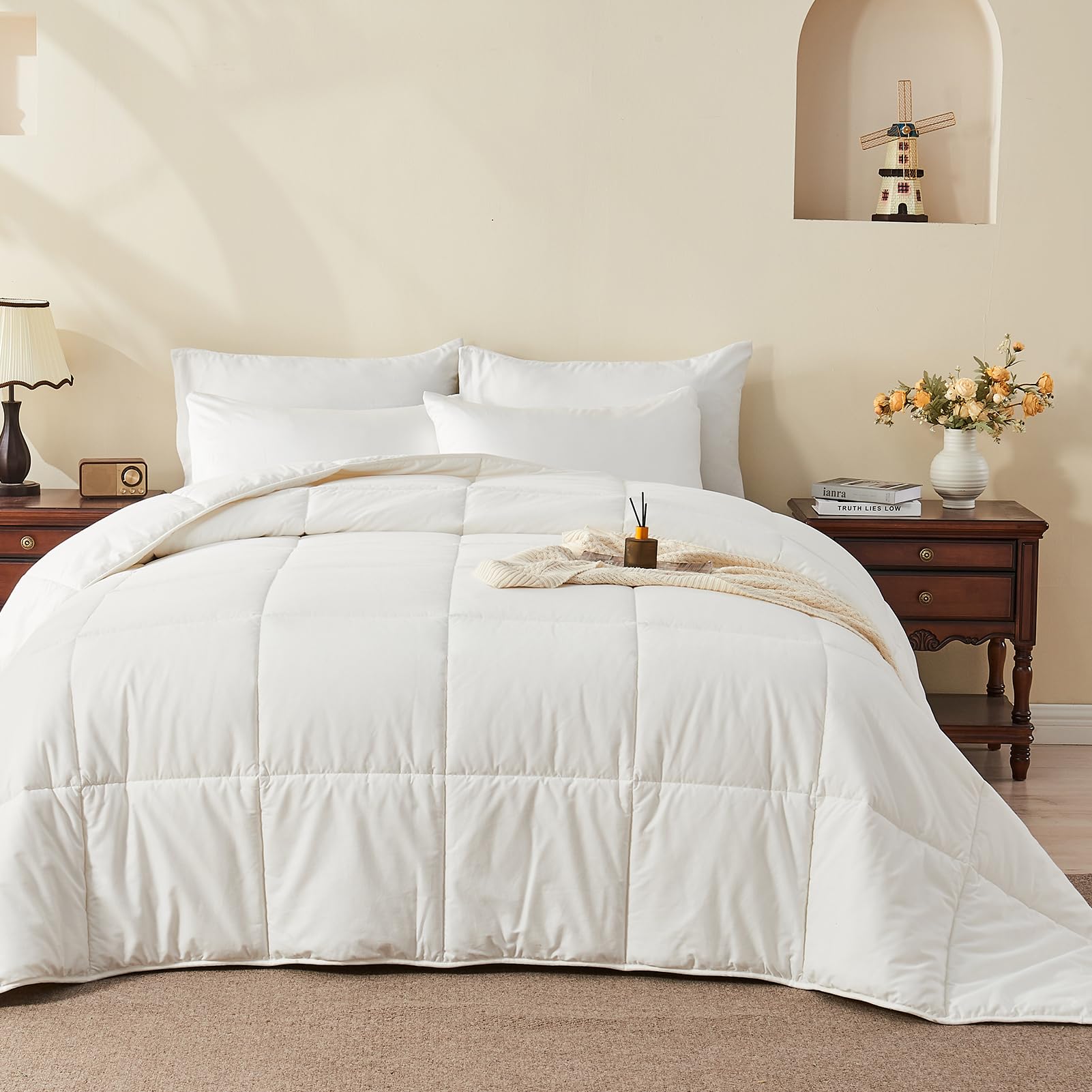 ‌100% Organic Cotton Cover Wool Comforter Insert- Full/Queen Size Fluffy Duvet Insert, Machine Washable Wool Blanket, Lightweight Bed Duvet for All Season (White, 90"x90")-image-0