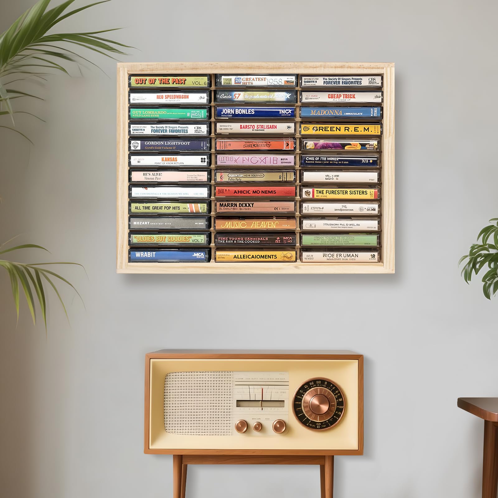 Kassetten-Aufbewahrungsregal, 36 Schlitze, Holz-Kassettenhalter, Wandhalterung oder freistehender Audio-Kassetten-Organizer, Spielkartenaufbewahrung, unlackiertes Kiefernholz