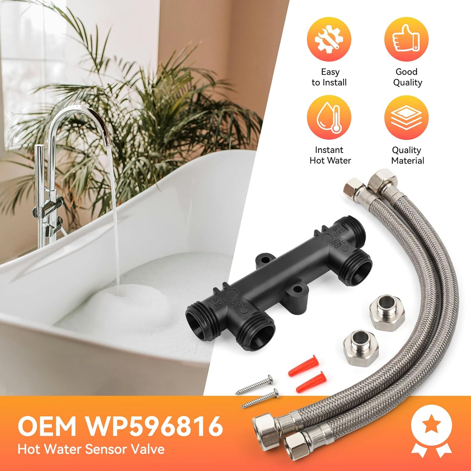 WP596816 Replacement Sensor Valve Kit, 4.5 Inch Sensor Valve, 2 x 12 Inch Supply Lines, 367010 595926 Instant Hot Water Recirculating Pump System