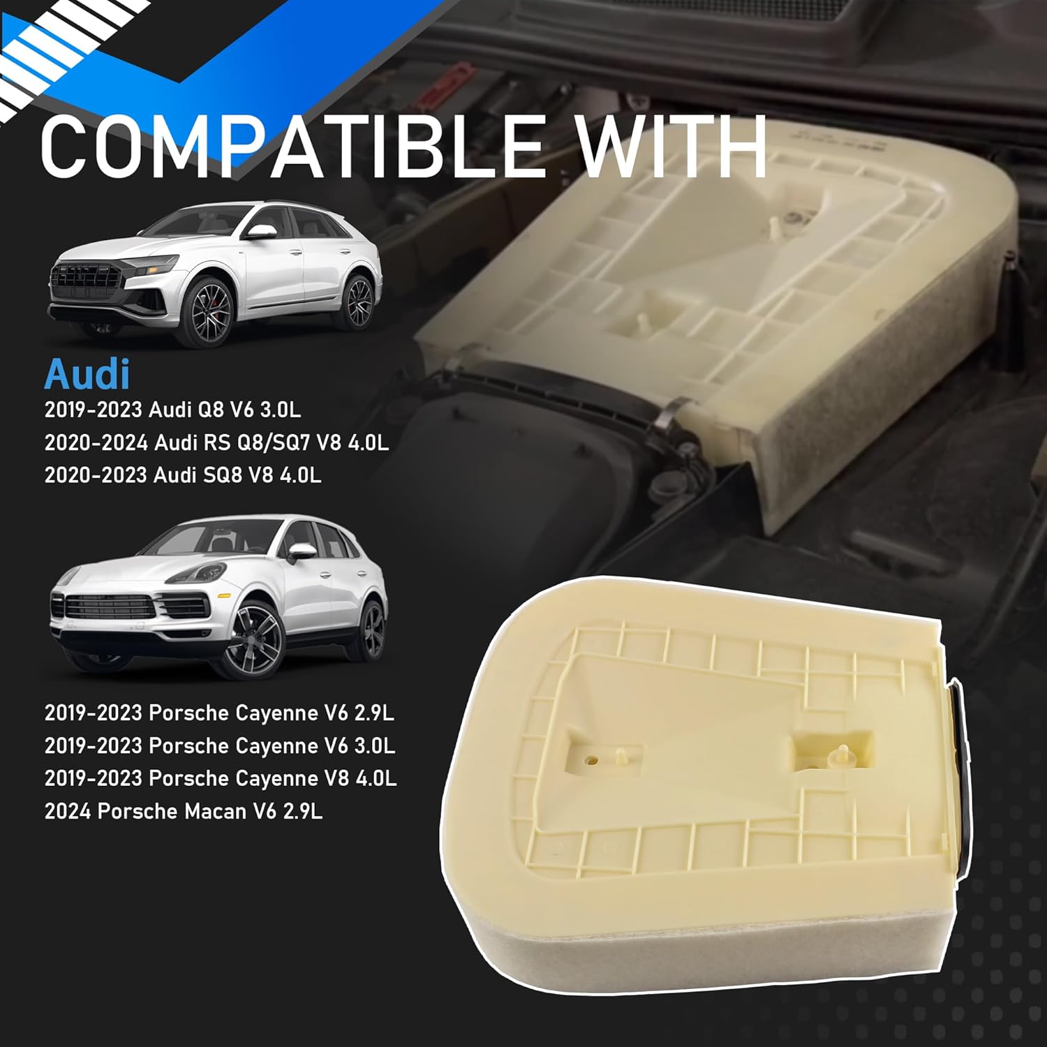 4M0133843G Engine Air Filter Compatible With 2019-2024 Audi Q8 V6 3.0L RS Q8 SQ7 SQ8 V8 4.0L Porsche Cayenne V6 2.9L 3.0L V8 4.0L Macan V6 2.9L Replaces 4M0133843E WA11100 95813384300