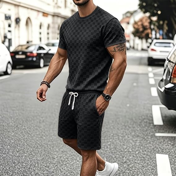 Short Sets for Men Textured Soft Matching Lounge Sets Crew Neck Tee Elastic Waist Shorts Set Summer Casual Outfits