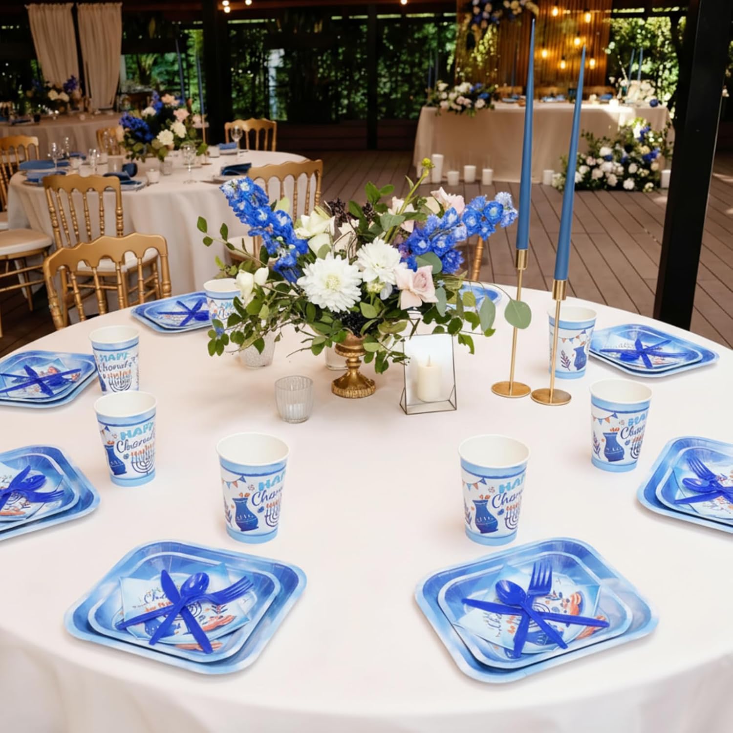 350 Pcs Happy Hanukkah Party Supplies for 50 Guests Chanukah Party Sets Include Paper Plates, Paper Cups, Napkins, Plastic Knives, Forks and Spoons Holiday Chanukah Dinner Goods Decorations