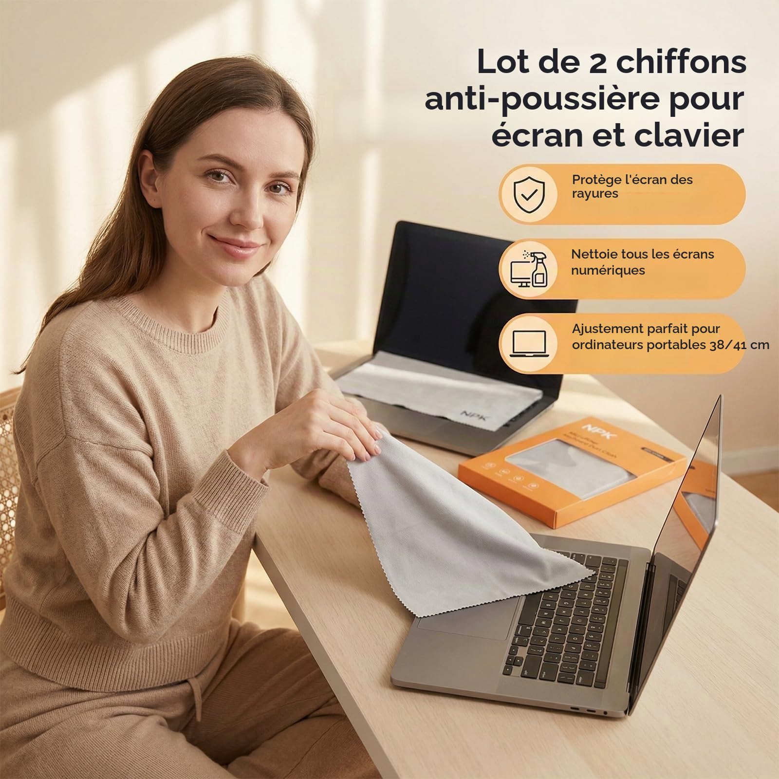 Protection Clavier Et Écran pour Ordinateur Portable – Kit 2 Pièces avec Chiffon Microfibre (34 X 22,5 Cm), Compatible avec Ordinateurs Portables 15–16 Pouces, Smartphones, Tablettes Et TV Connectées