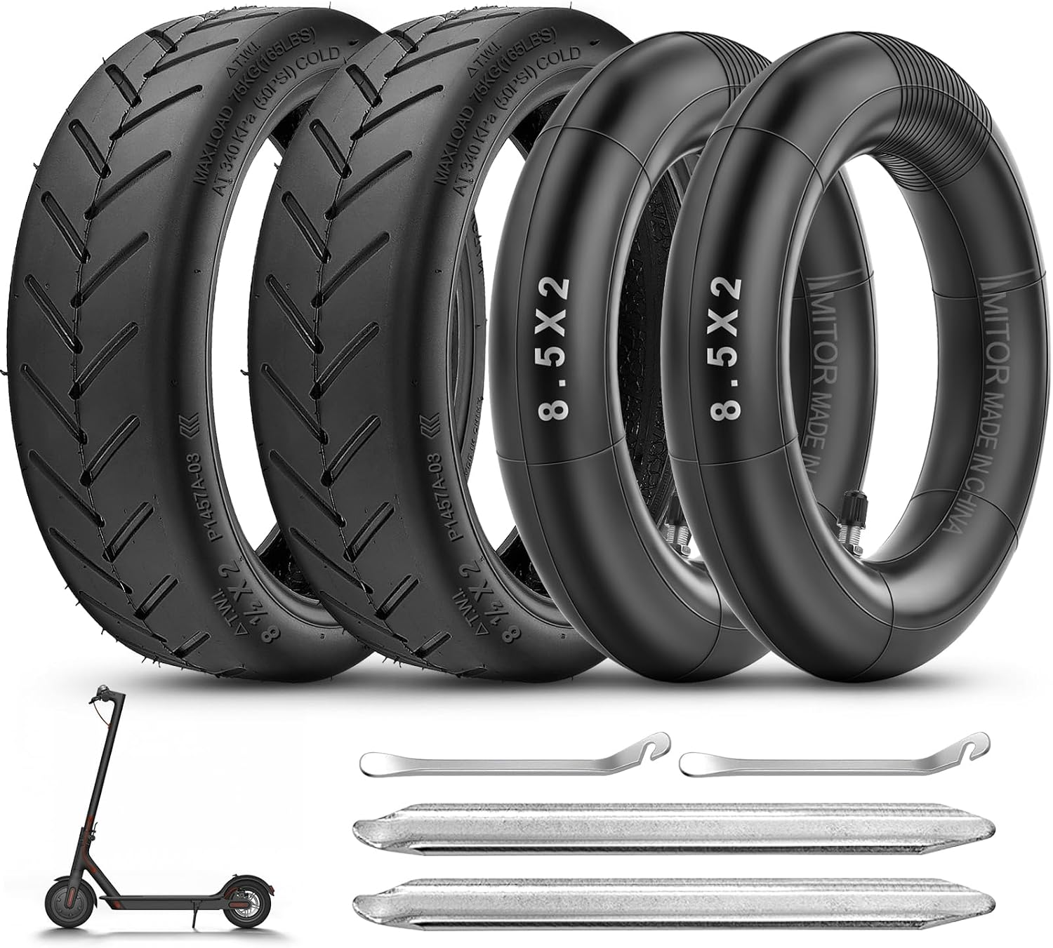 E Scooter Tyre 8 1/2 x2 Tube for Xiaomi Pro 2/Pro/M365/1S/Mi 3 50/75-6.1 Tyre and Tube with Silver Valve Straight Thickened & Durable - Original Replacement with Tyre Lever Set of 2