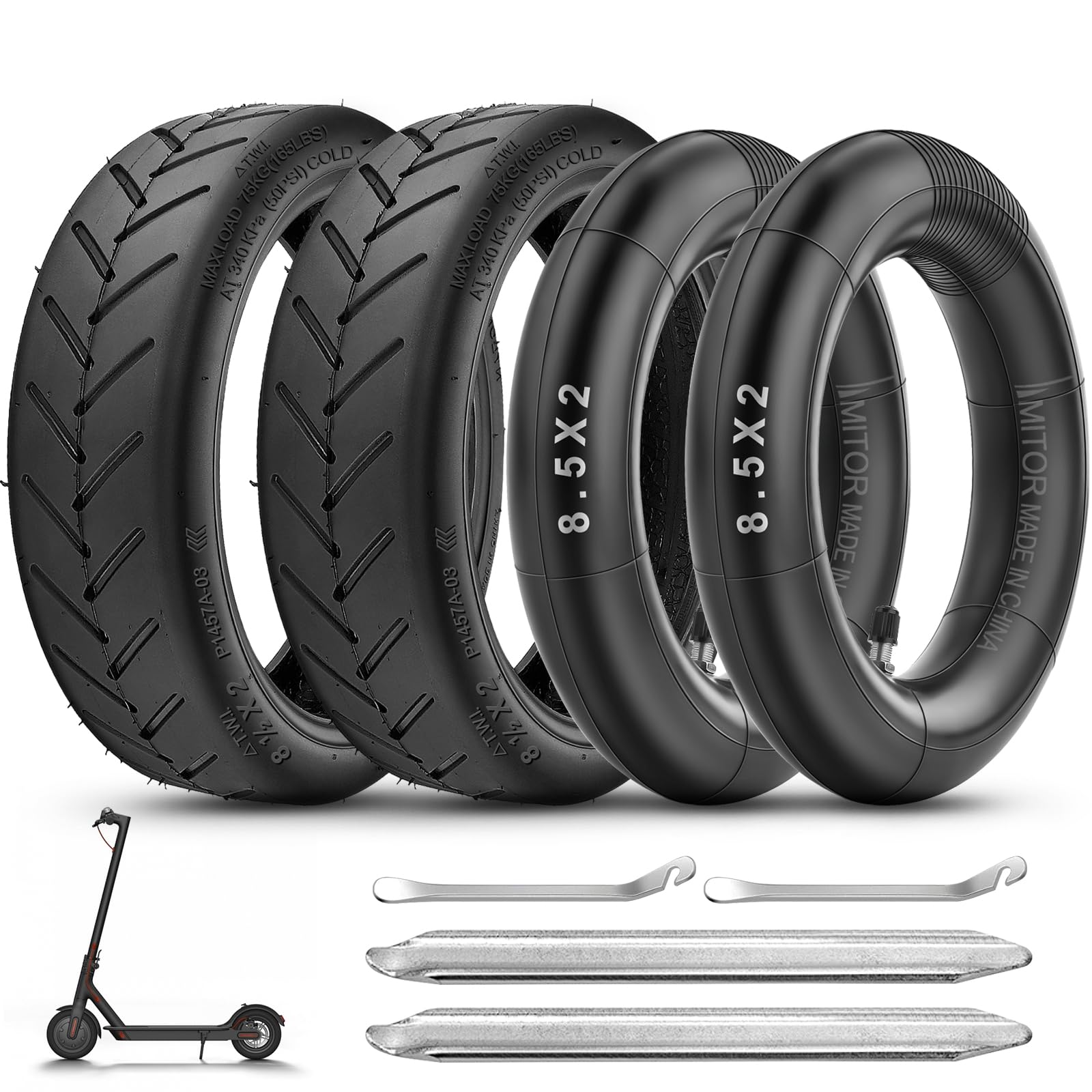 Amitor 8.5 Inch Scooter Tyre 50/75-6.1 Inner Tube with Silver Straight Valve, Electric Scooter Wheel Replacement with Tyre Lever for Xiaomi 1S M365 Pro 2 Mi3, Ideal for Urban Commuting, 2 Set
