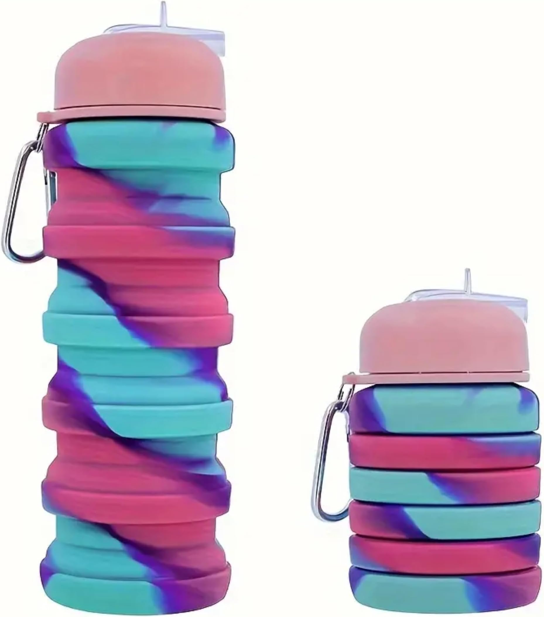 ROLL RIDE FUN Silicone Collapsible Water Bottles, 500ml Portable Foldable Expandable Water Bottle Sports Cups with Carabiner, Leak Proof Reusable BPA Free, for Outdoor Activities Travel (Teal Pink)