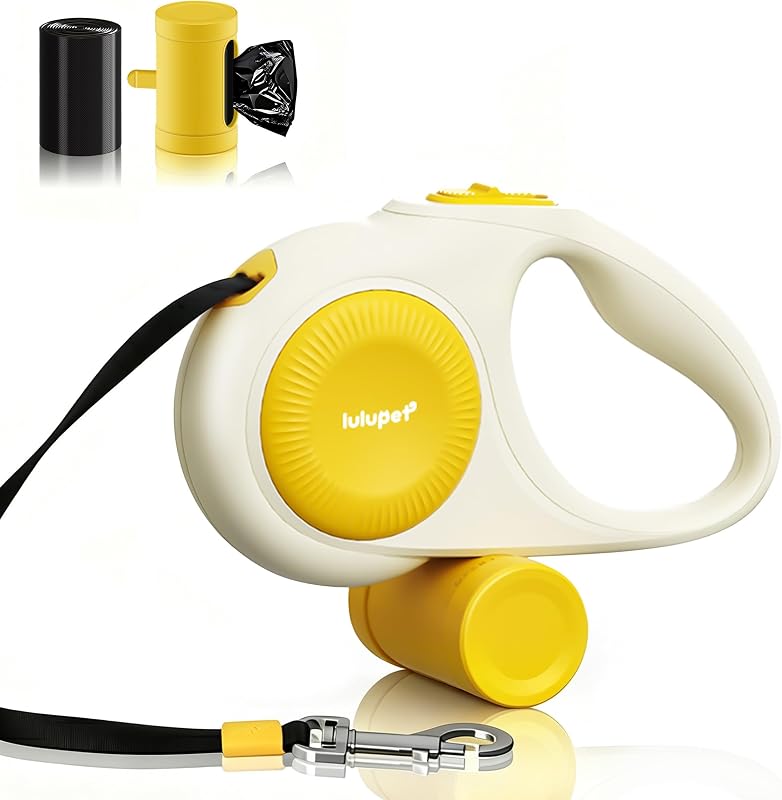 Guia Retrátil para Cães com Fita de 8 m, LED e Dispenser para Sacos Higiênicos LULUPET (Amarela)