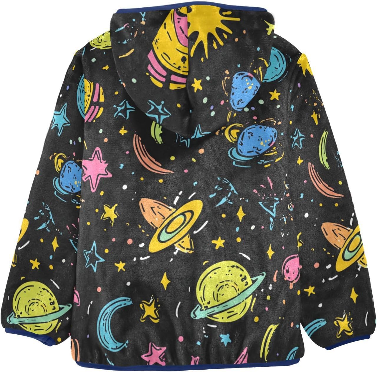 Cartoon Doodle Space Fleece Zip Up Jacket Children Plush Coat Navy Blue Baby Zipper Hoodie