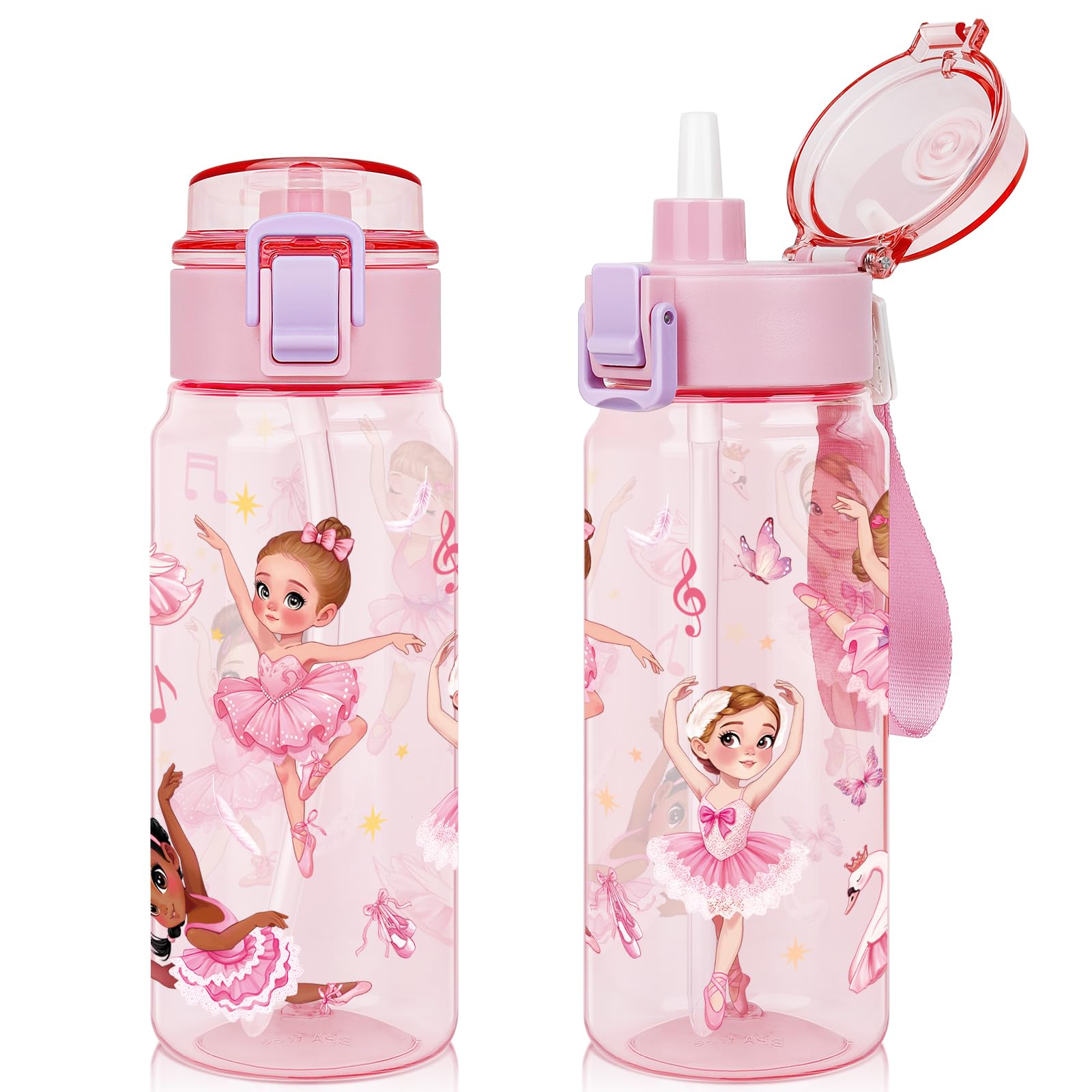 Botella de Agua para Niños 550ml, Cantimplora Infantil con Pajita para Niña Infantil, a Prueba de Fugas, Sin BPA para La Colegio y el Exterior - Ballet