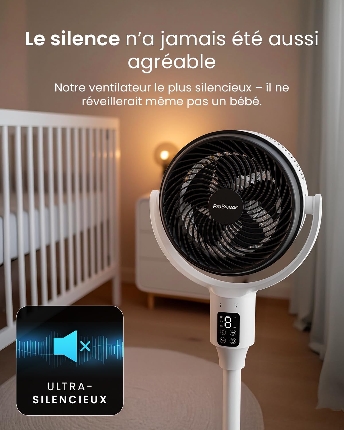 Pro Breeze Ventilateur sur Pied Intelligent 109 cm Ultra-Silencieux 29 dB – Écran LED, Wi-Fi, Appli Mobile & Télécommande, 2 Modes de Ventilation, oscillation 135°/85° – Compatible Alexa