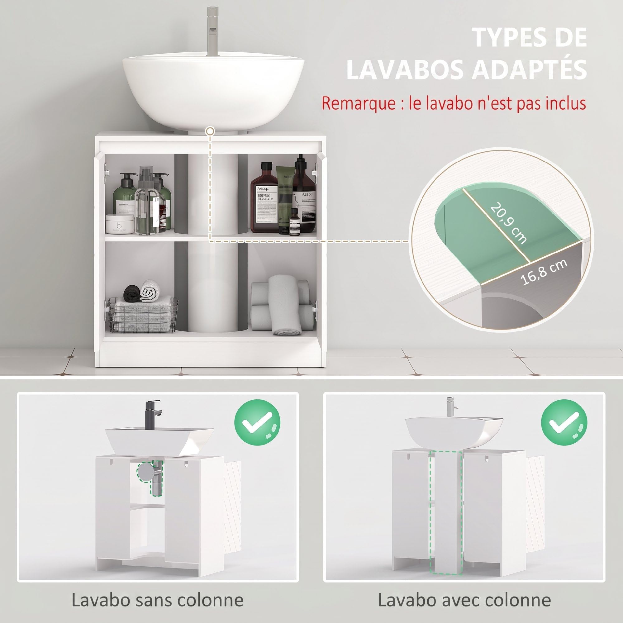 HOMCOM Meuble Salle de Bain sous Lavabo 60L×30l×59,8H cm Blanc