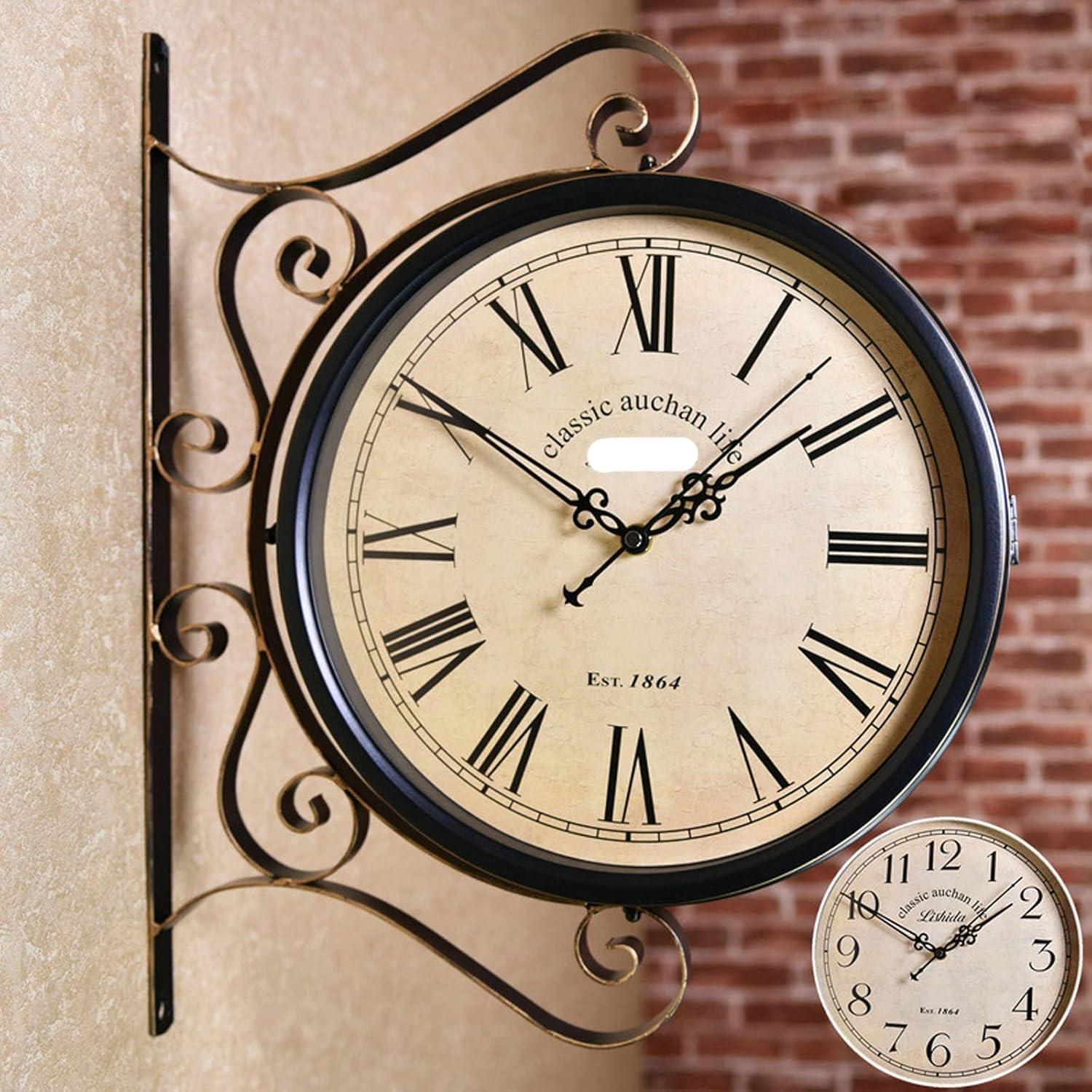 MYUYEE Large Wall Clocks,Outdoor Vintage Clocks Wrought Iron Retro Double Sided Station Clock Garden 360 Degree Rotation Waterproof Outdoor Decoration
