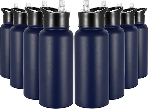 Paquete de 8 botellas de agua aisladas de 32 onzas, botellas de agua deportivas de acero inoxidable con tapa con popote y tapas de boca ancha, vacío