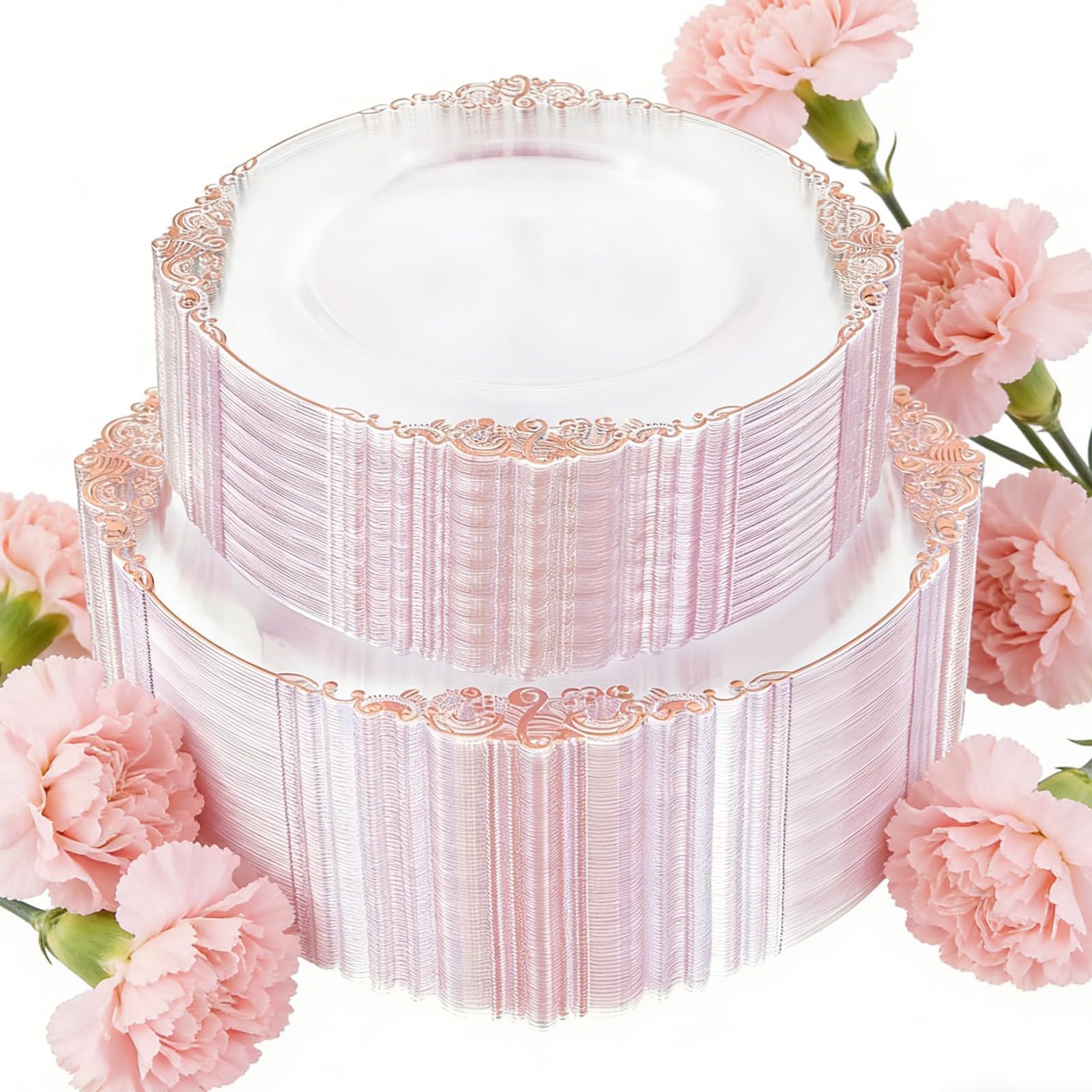 102PCS Rose Gold Plastic Plates - Clear Rose Gold Plate - Heavy Duty Disposable Plates - Fancy Disposable Dinner & Dessert Plate for 51 Guests for Party & Wedding & Mother's Day