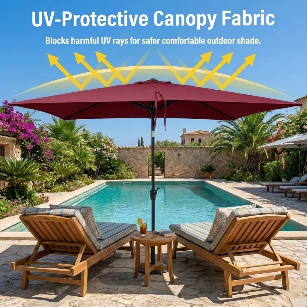 6x9ft Patio Umbrella, Outdoor Umbrellas For Patio, Rectangular Table Umbrella with Crank, Pool Deck Umbrella with Push Button Tilt, Market Umbrella with 6 Ribs for Backyard, Garden, Porch (Burgundy)
