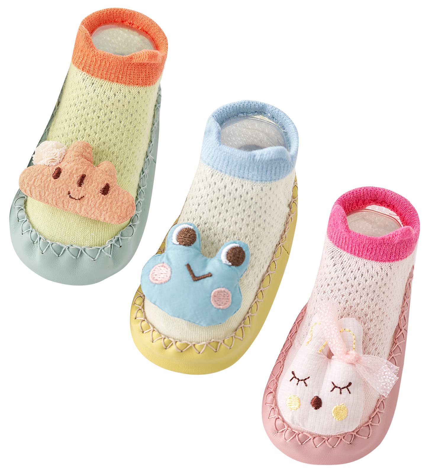 Happy Cherry 3 Pairs of Baby Boy Slipper Socks Indoor Toddler Girls Slippers Combed Cotton Fluffy Newborn Boys Warm Soft Sole Anti-Slip Baby Kids Slip On Socks Shoes Yellow+Green+Pink 6-12 Months