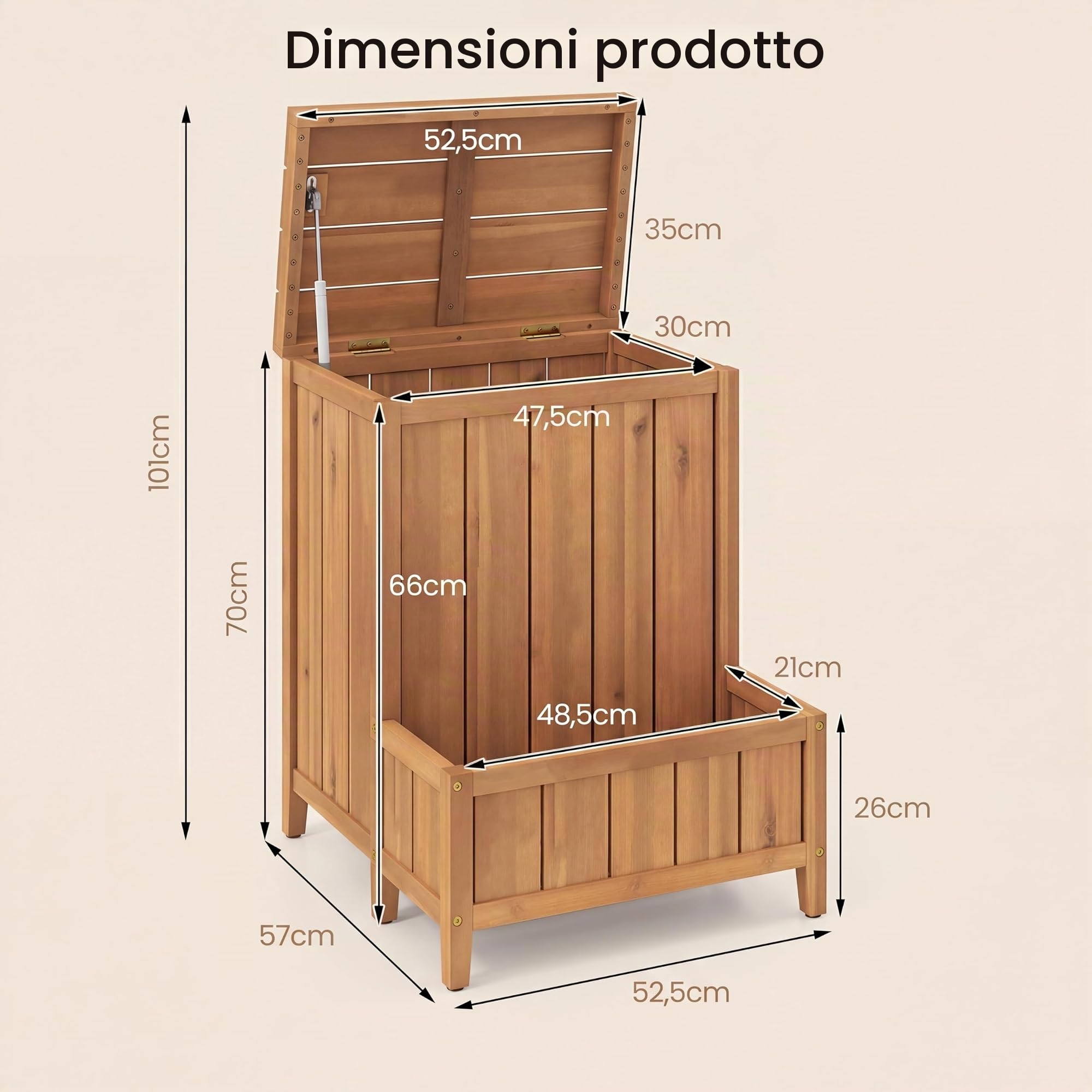 HOMASIS Baule Cassapanca con Fioriera da Giardino, Baule Contenitore da Esterno con Coperchio e Asta a Gas, Letto da Giardino in Legno per Porta Pacchi e Piante, per Patio e Piscina, 57x52,5x70 cm
