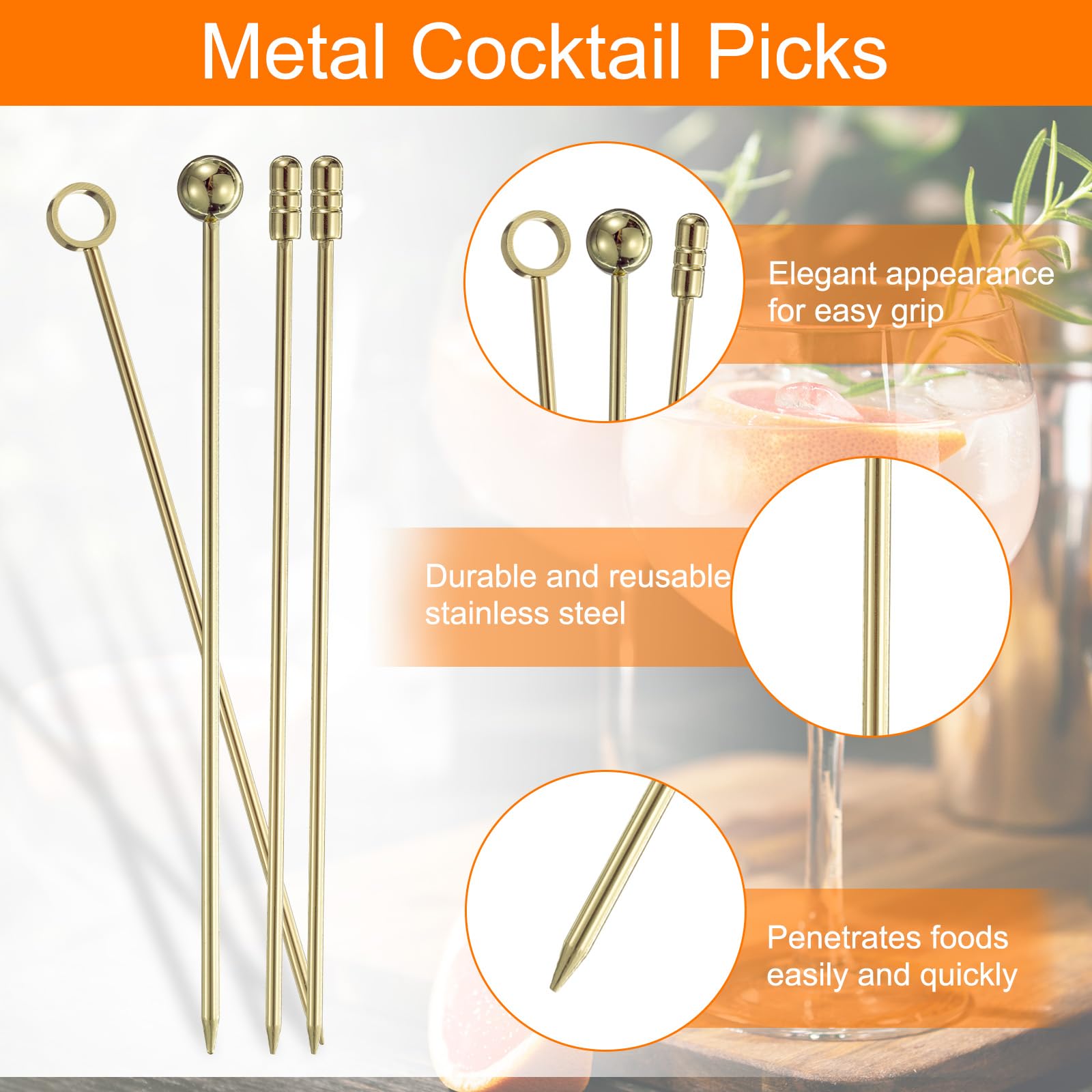 QUARKZMAN Lot De 10 Cure-Dents Cocktail En Acier Inox Or Rose - Piques Réutilisables 10,8 Cm Pour Apéro & Martini