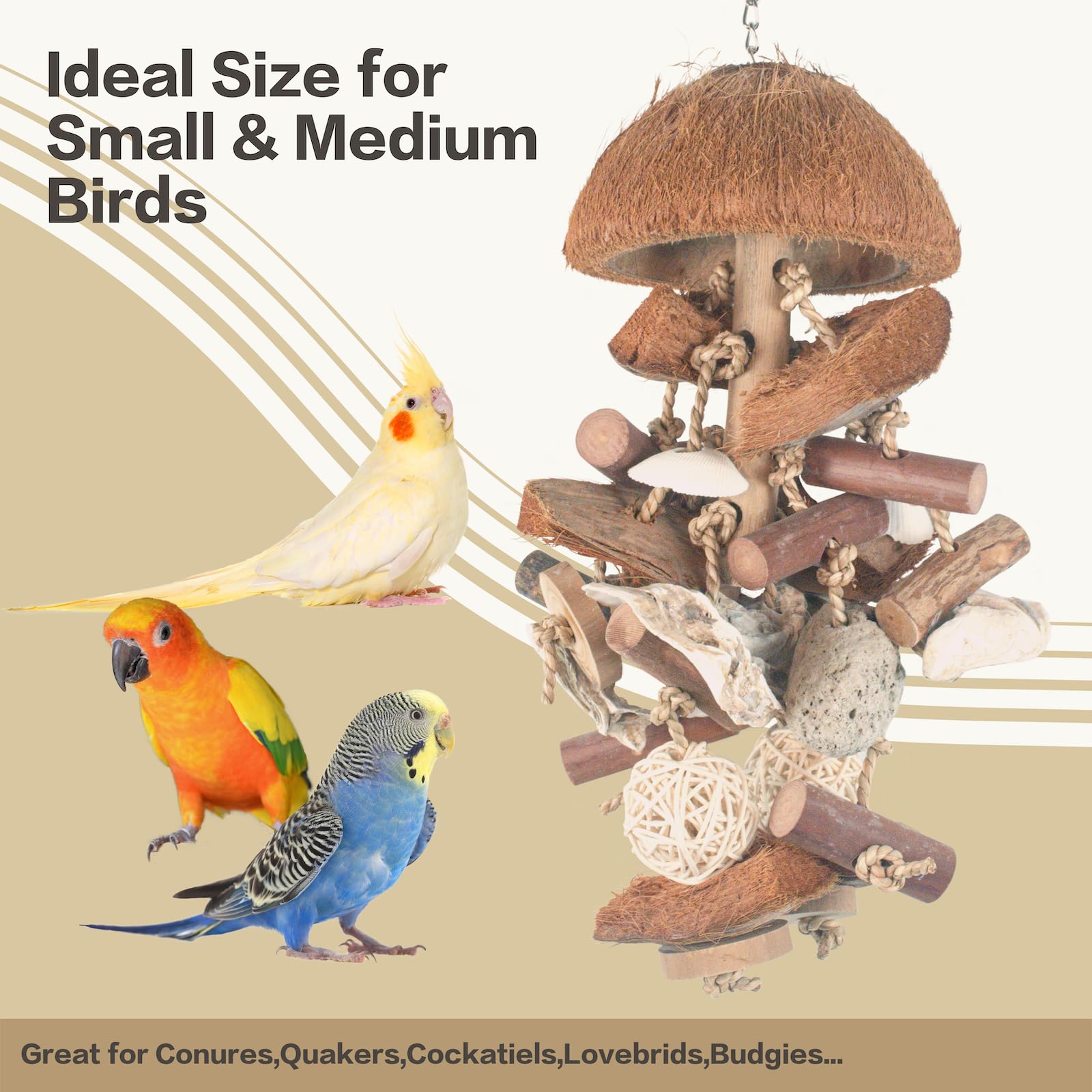 JoyGinBStiao Bird Toys with Natural Coconut Shell - 18in Handmade Hanging Shredding & Foraging Toy with Wood Blocks, Lava Stones, Parrot Toys for Cockatiels, Conures, Parakeets - image 2
