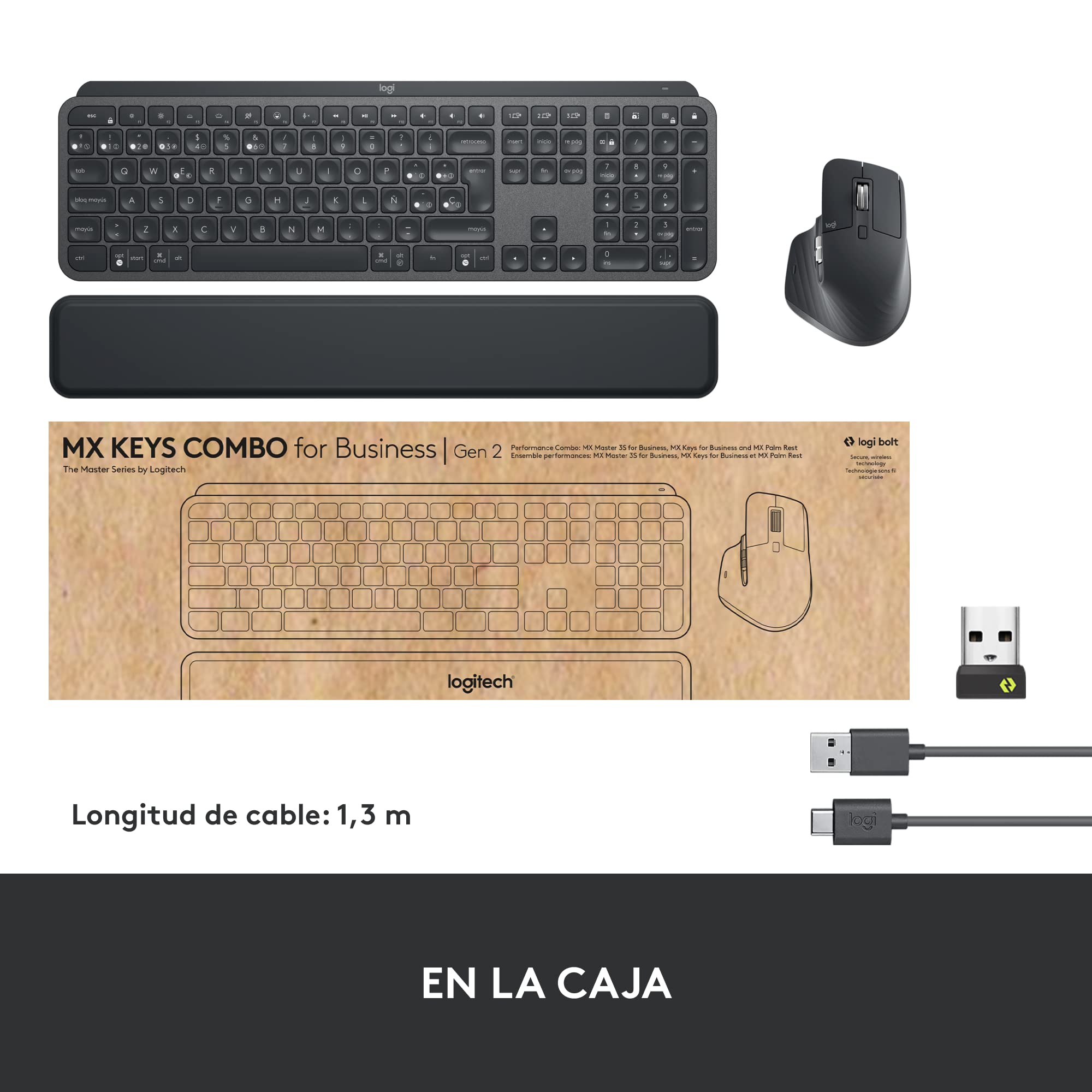 Logitech MX Keys Combo para empresas Gen 2, teclado/ratón inalámbrico de tamaño completo, con apoyamano para teclado, Bluetooth, Logi Bolt, Clics Suaves, Windows/Mac/Chrome/Linux, QWERTY ESP - Grafito