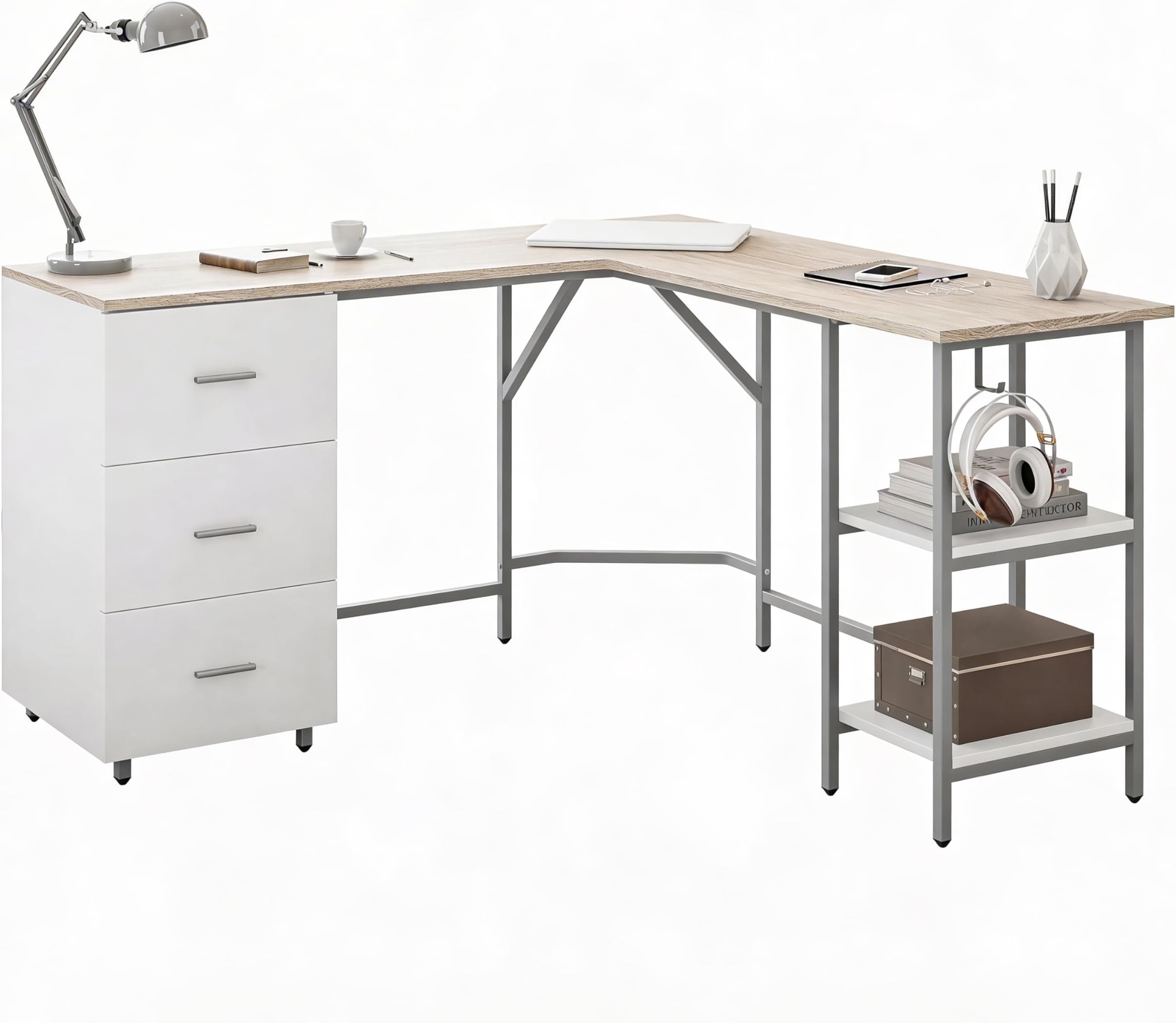 Techni Mobili L Shaped Desk - Two-Toned Computer Desk with Drawers & Storage Shelves - Simple Modern Furniture & Home Office Space Corner Table for Work & Writing