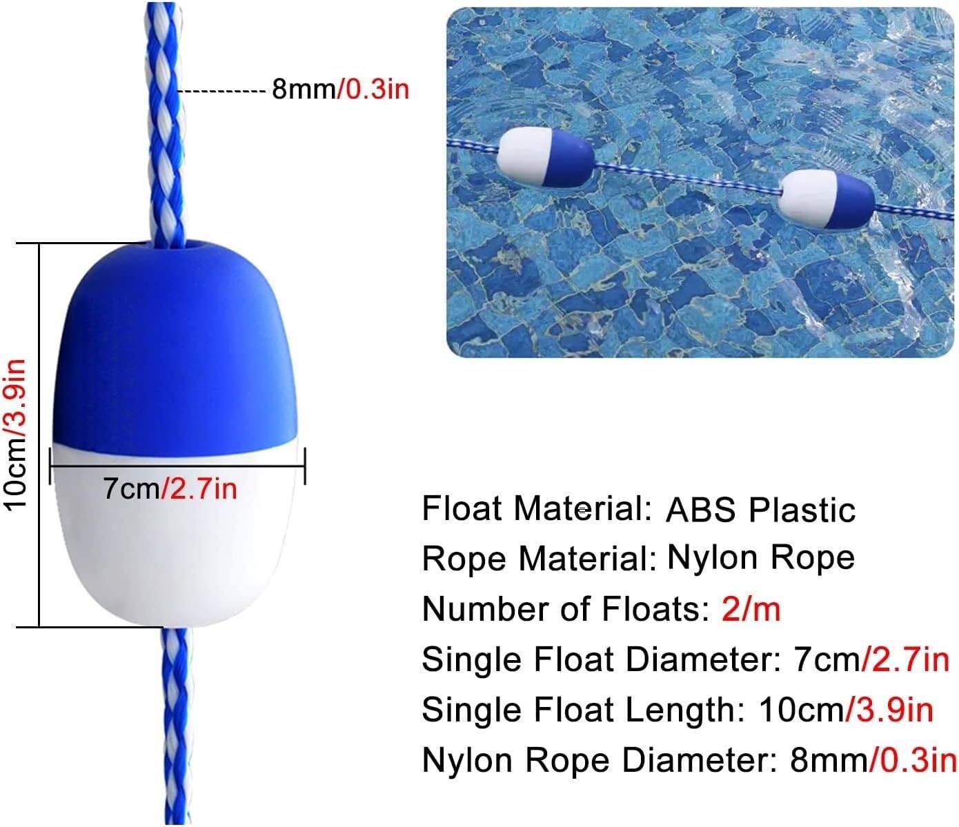 Schwimmende Markierungsleine für Schwimmbahnen im eingelassenen Pool, blau-weiß, mit Schwimmkugel und Nylon, 10 Meter lang
