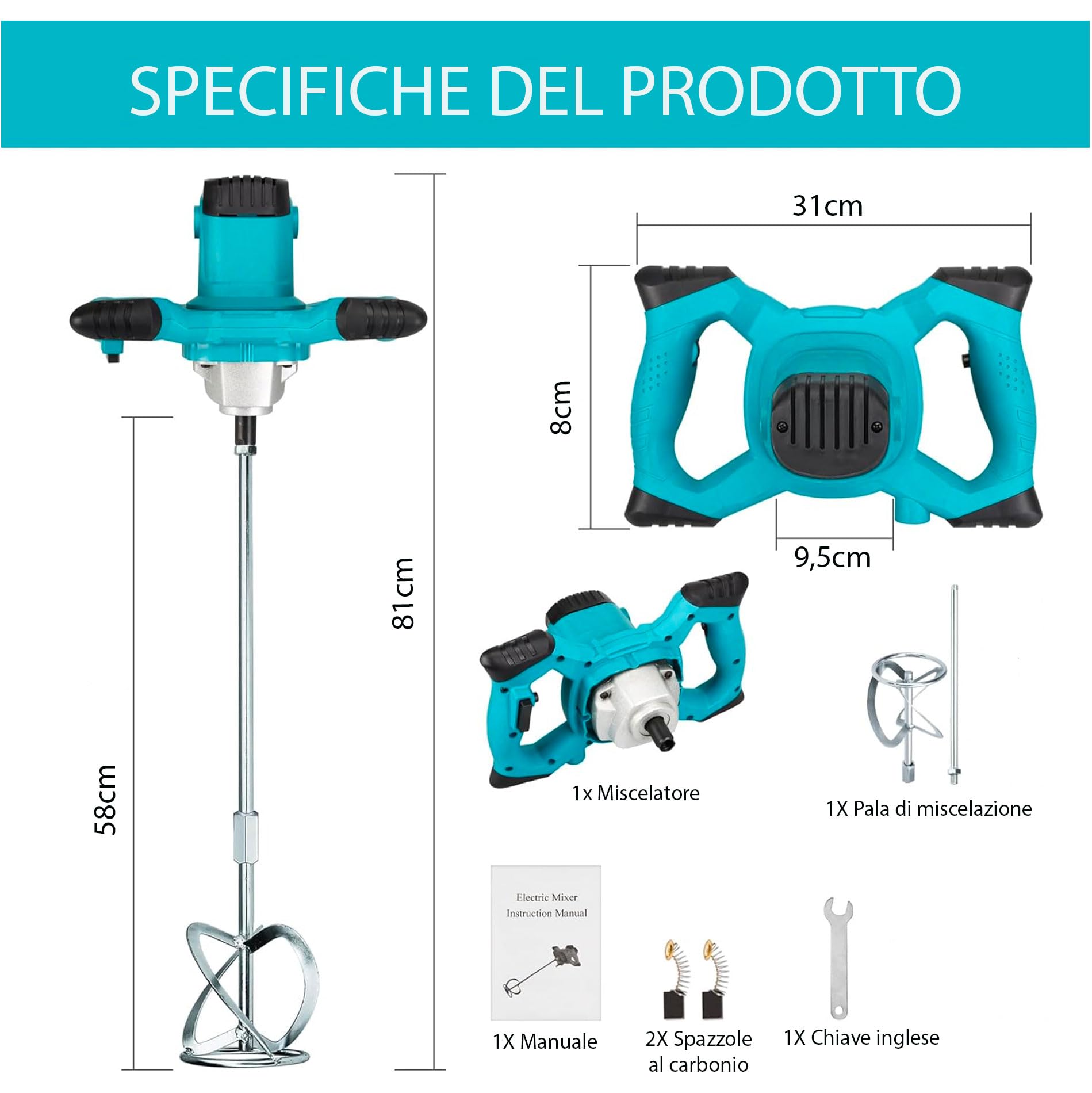 081 Store - Miscelatore per cemento industriale, 1860 Watt, 2 ANNI DI GARANZIA, Miscelatore elettrico a 6 marce, Agitatore Professionale M14 per Malta, Colla, Vernici e Stucchi