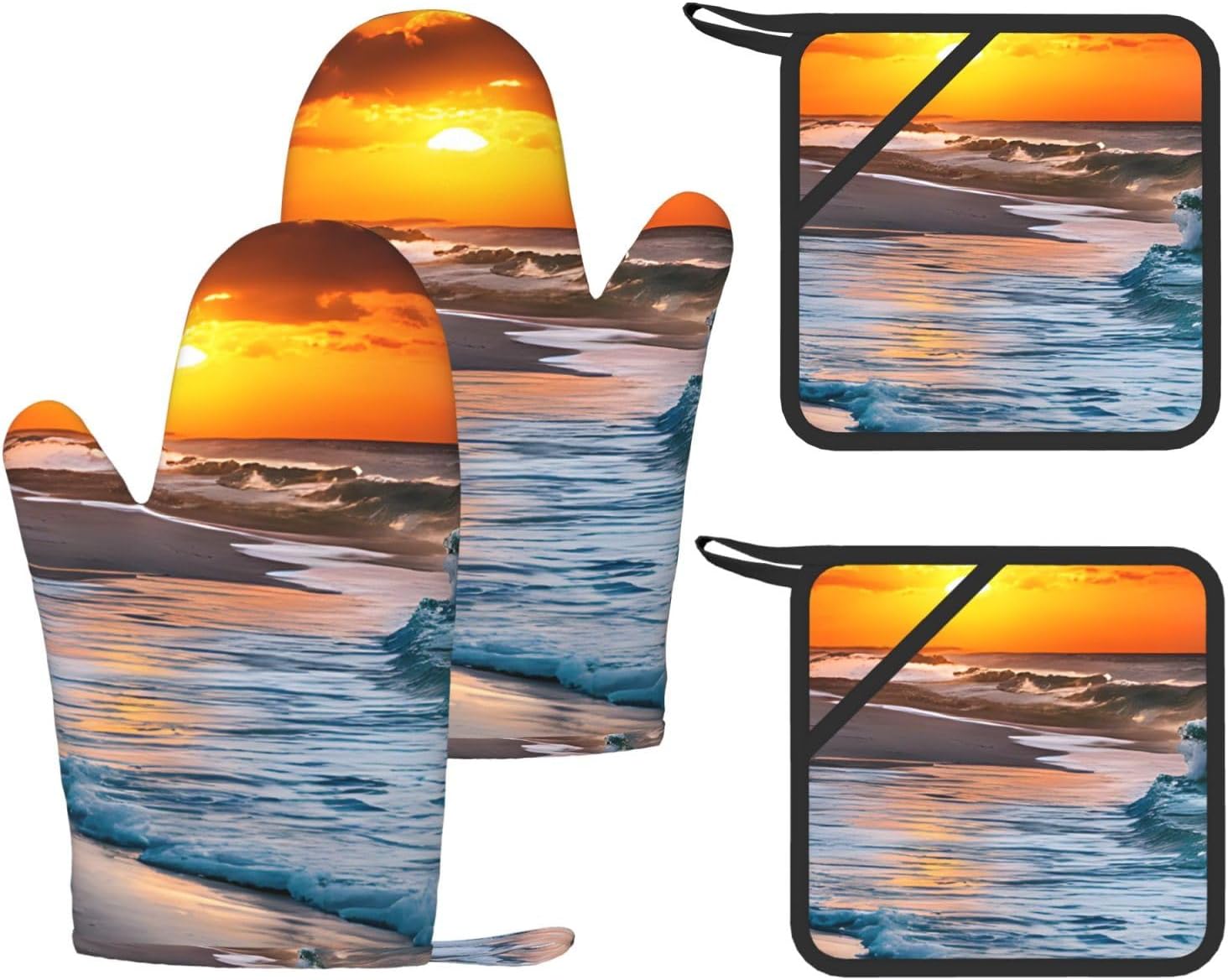 Beach with Sunset Oven Mitts and Pot Holders Set of 4 Heat Resistant Kitchen Gloves with Silicone Palm Hot Pads for Baking Cooking Grilling BBQ