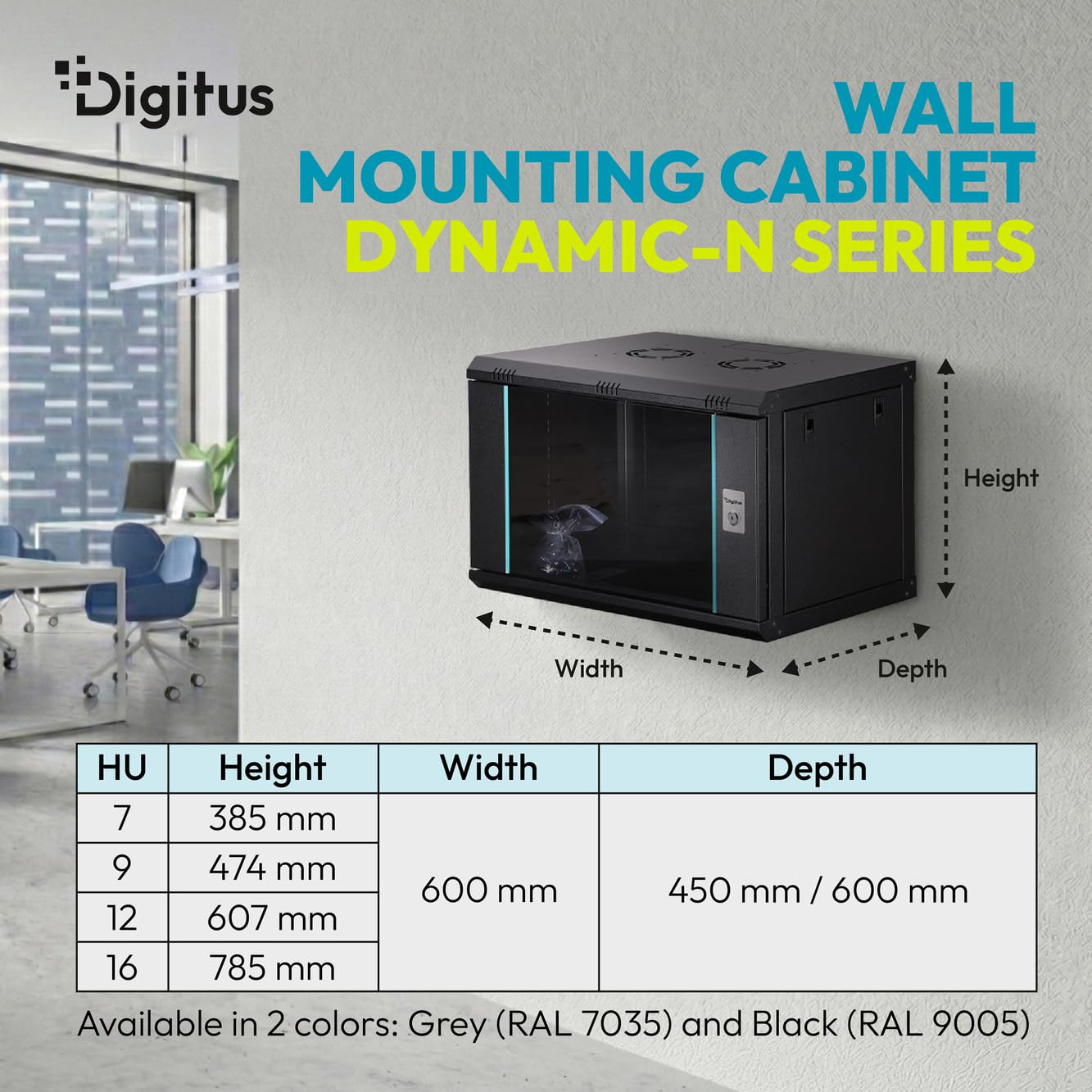 DIGITUS Armario de Red – Rack de 19" 9U – Sin Montar – Montaje en Pared – Profundidad: 450 mm – Profundidad útil: 320 mm – Capacidad de Carga: 60 kg – Puerta de Cristal – Serie Dynamic-N – Negro