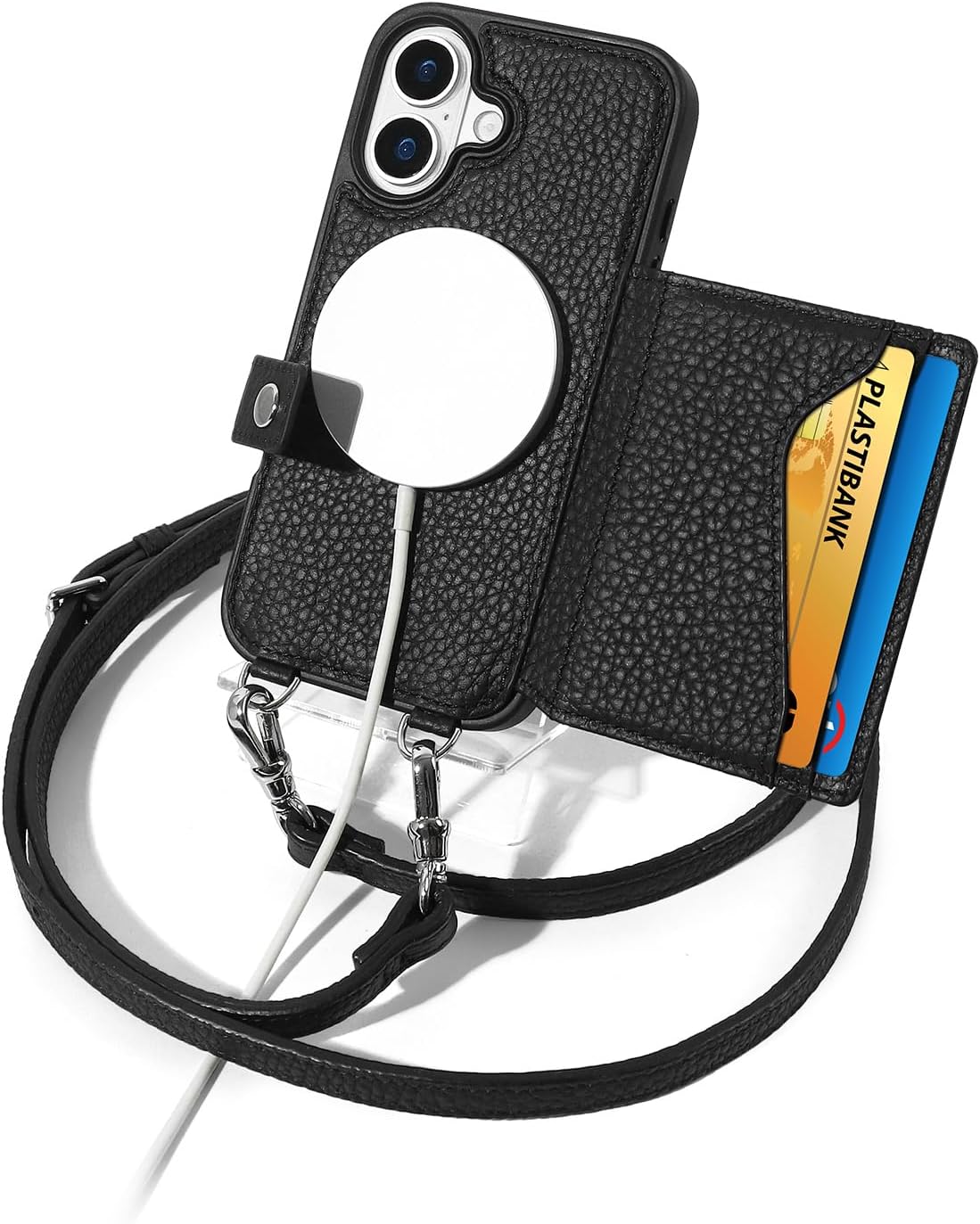 LUCKYCOIN Crossbody Phone Case with Card Holder for iPhone 16,Compatible with MagSafe,Genuine Pebble Leather Wallet Case with RFID Blocking,Phone Purse with Adjustable Removable Strap - Black