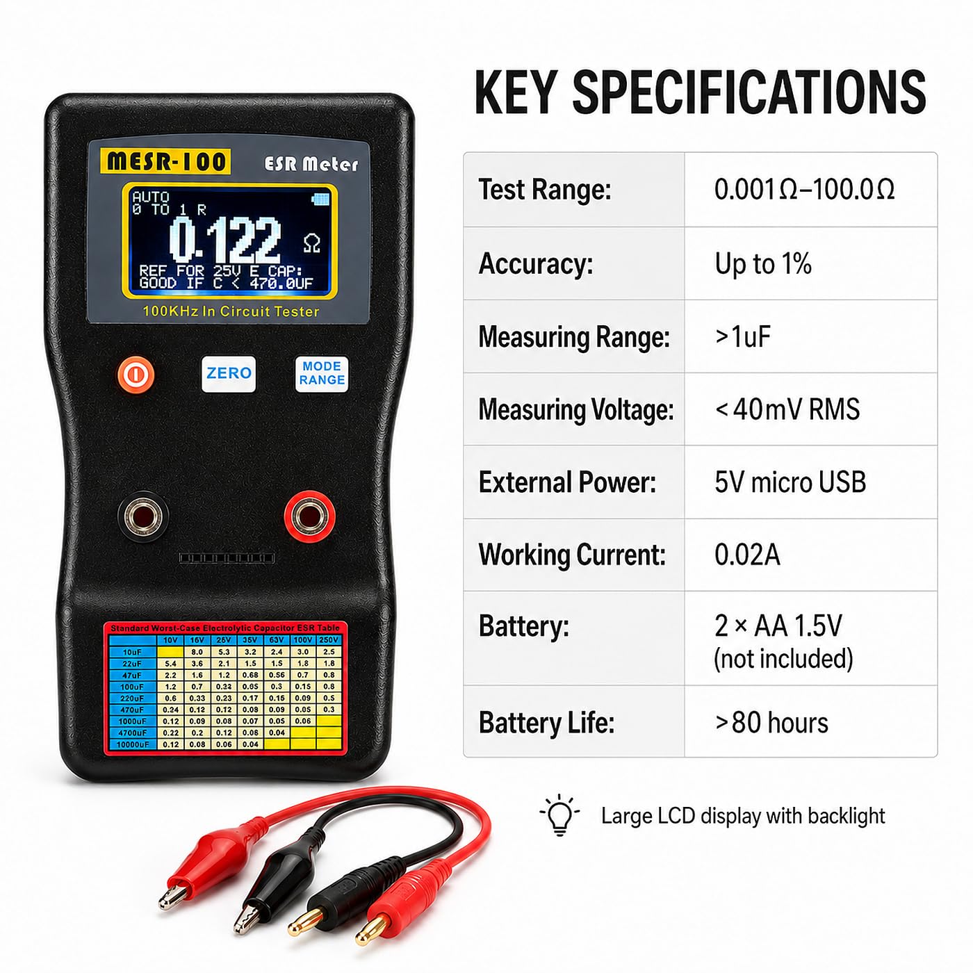 MESR-100 Digitales ESR Messgerät, Automatische Bereichswahl 0,001R Bis 100R Schaltung Widerstand/Kapazitätstester Ohmmeter Hintergrundbeleuchtung Doppelanschluss, Für Reparatur Tv/Lcd/Audioplatine