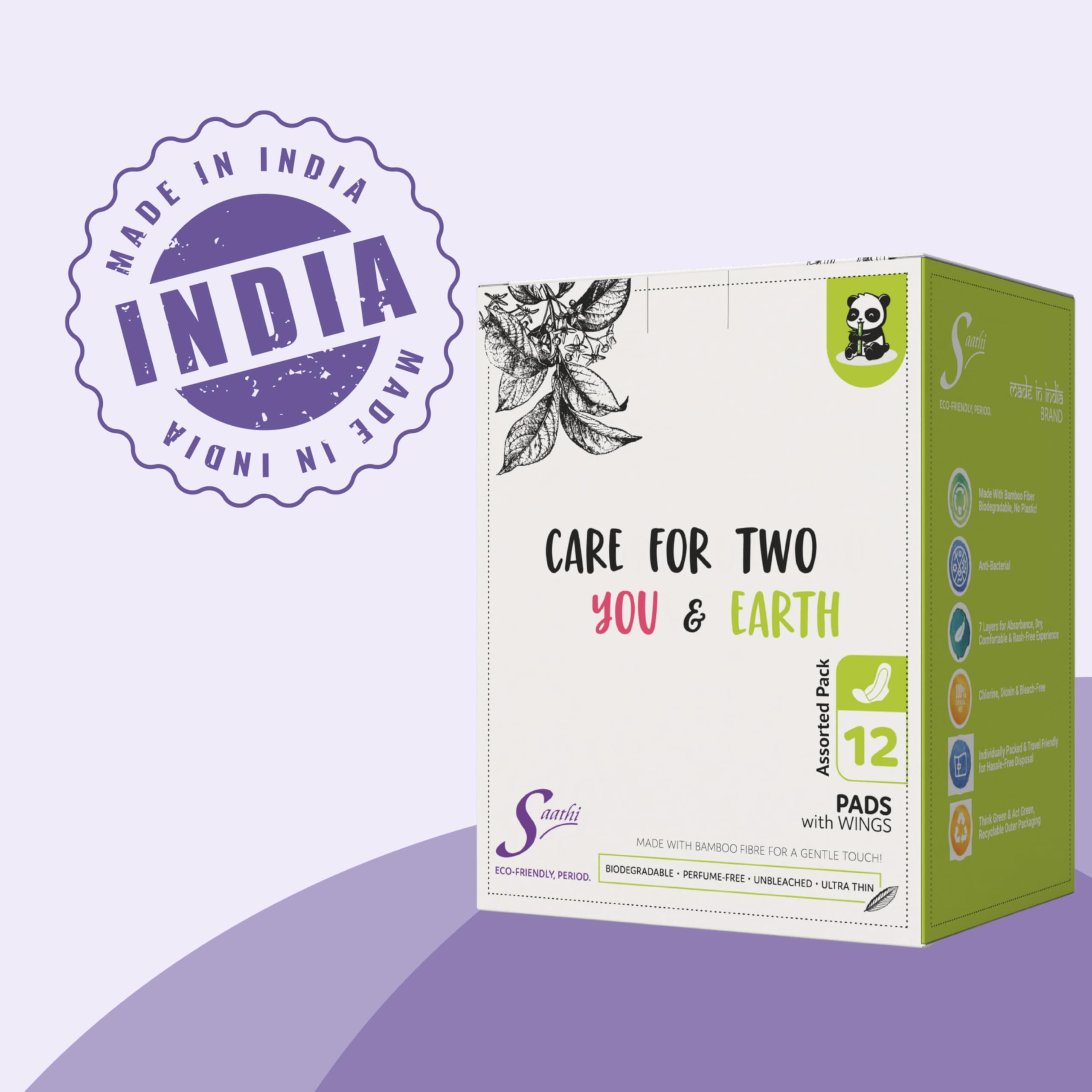 Saathi Plant-Based Bamboo Pads – No Fragrance | Hypoallergenic | Multi-Pack Sizes – Pack of 12 X 2 – 24 Pads (12 XL + 12 ON) 3