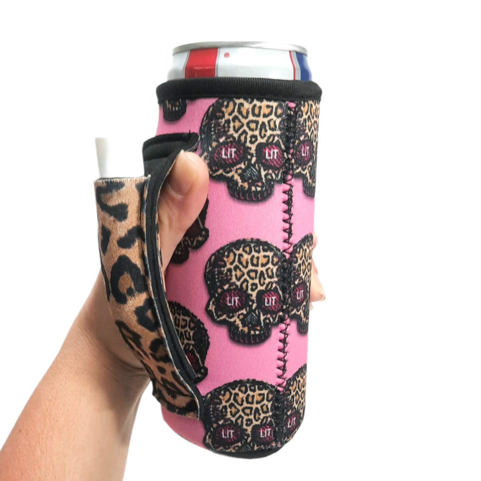 Slim Can Pocketed Handler/Cooler/Insulator, Pocket In Handle holds Chapstick or Vape Pen, patent pending (Leopard Sugars)