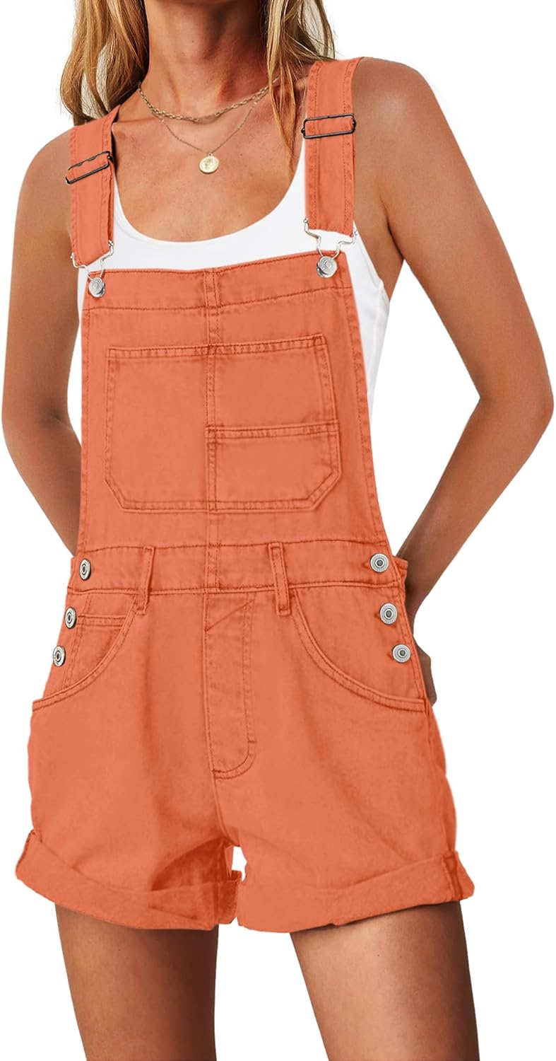 ReachMe Womens Casual Adjustable Bib Overall Shorts Classic Cuffed Hem Shorts Romper Vintage Shortalls with Pockets