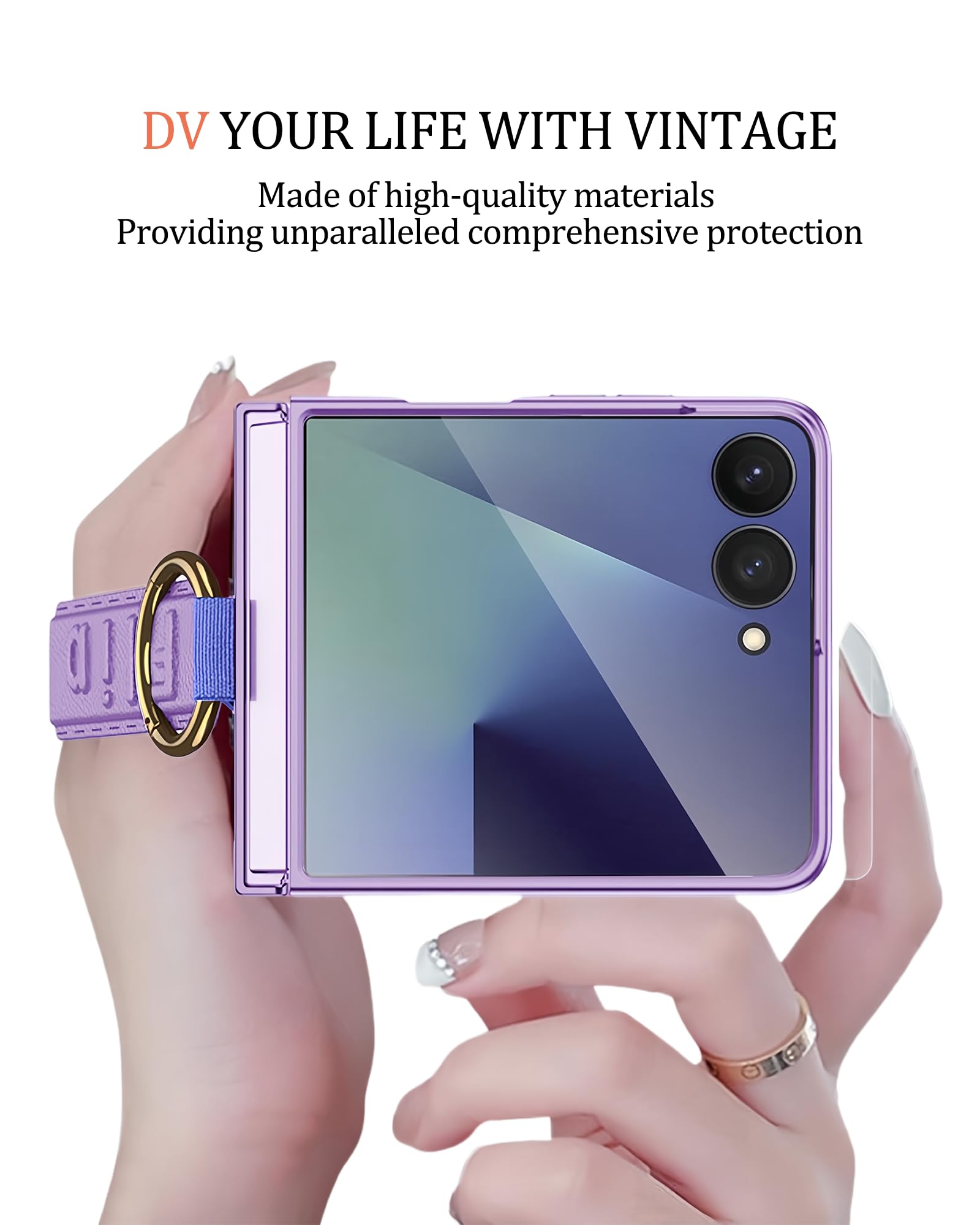 Compatible with Samsung Galaxy Z Flip 7 Custodia con Laccio da Polso, 9H Protettore Schermo Antishock Sottile Custodia Protettiva con Anello per Dito - Viola