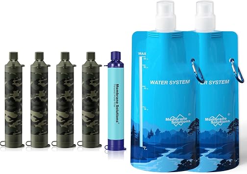 Membrane Solutions Squeezable Water Filtration System, Survival Water Purifier Kit, Portable Backpacking Gear Including Water Filter Straw and 23oz Collapsible Bottle for Hiking Camping Travel5+2