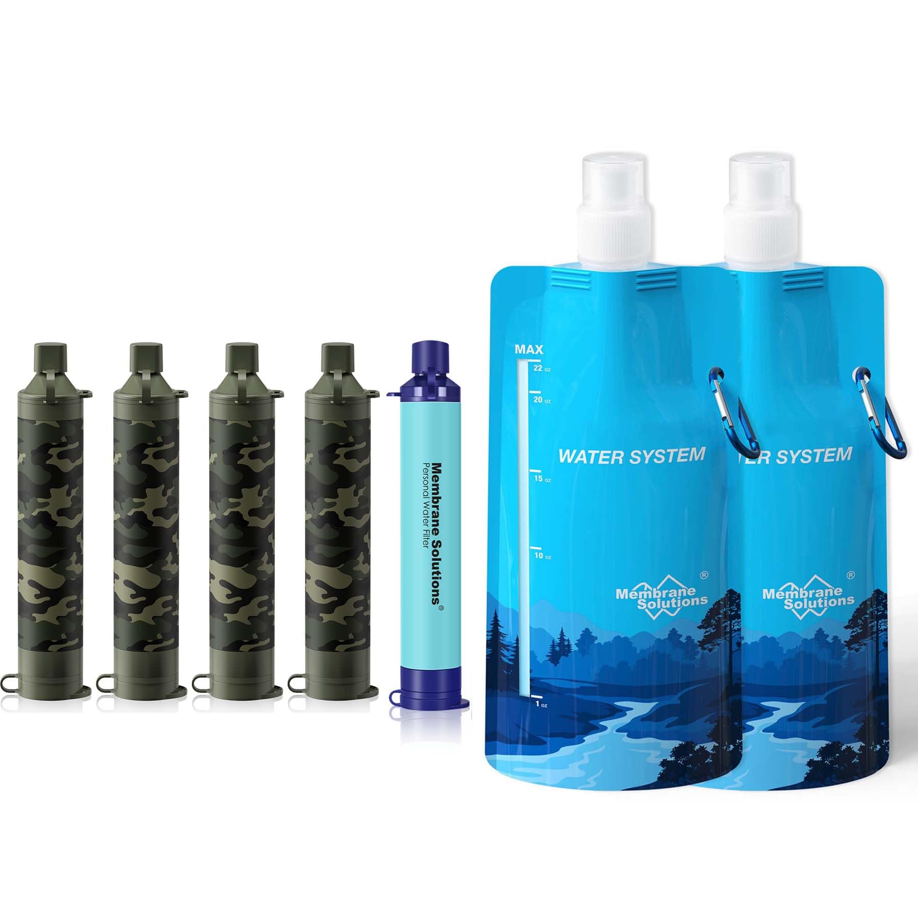 Membrane Solutions Squeezable Water Filtration System, Survival Water Purifier Kit, Portable Backpacking Gear Including Water Filter Straw and 23oz Collapsible Bottle for Hiking Camping Travel(5+2)