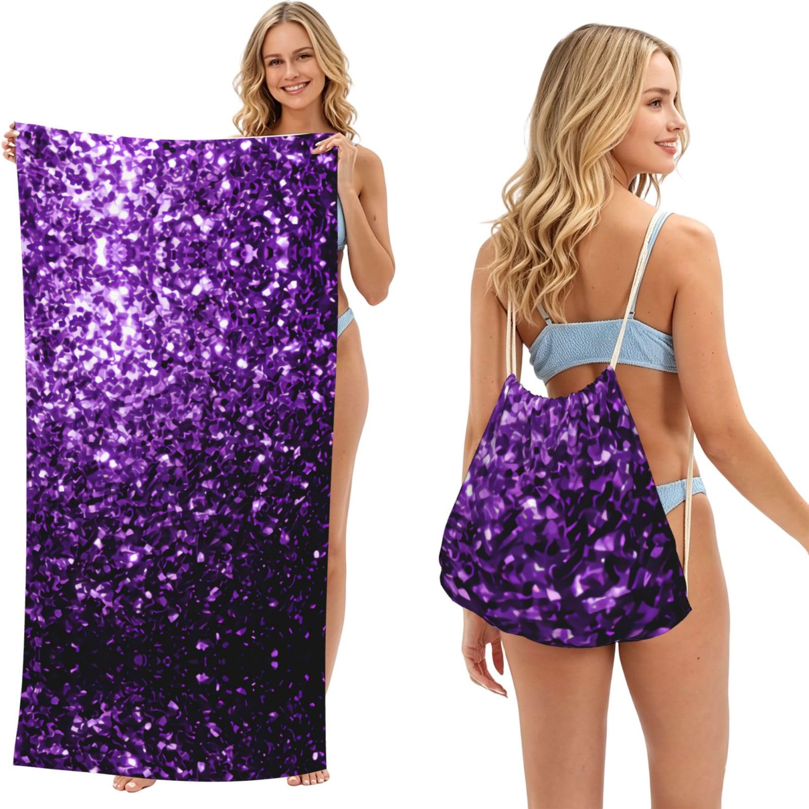 WSHFFILO Beautiful Purple Glitter printed 2 in 1 Packable Towel Bag Bath Towel Beach Towel