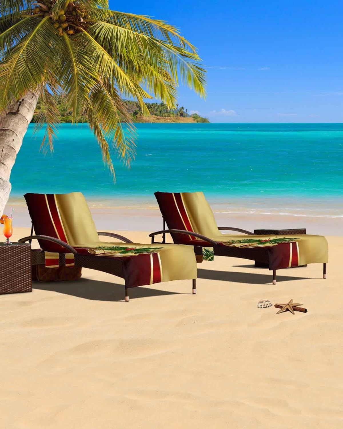 Christmas Beach Pool Patio Lounge Chaise Chair Cover Towel With Pockets,Absorbent & Quick Dry Microfiber Towel Cover Bag Summer Accessories for Sunbathing Luxurious Ombre Red Brown Gold Bell Ribbon
