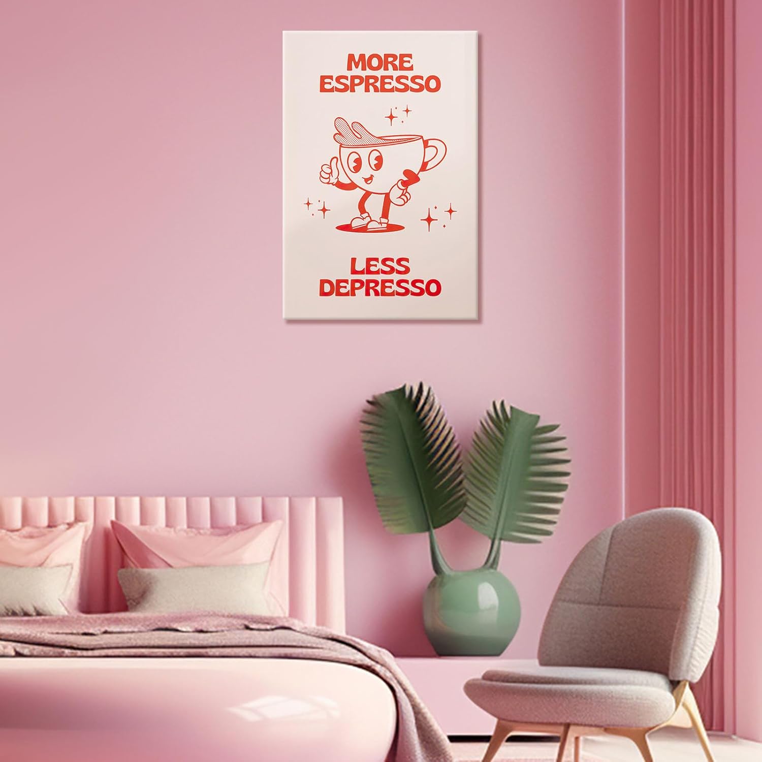 Retro More Espresso Less Depresso Poster Cute Cartoon Coffee Cup Red Quotations Wall Art Funny Trendy Aesthetics Decor Home Living Room Restaurant Coffee Shop Wall Print Canvas 12x16inch Framed
