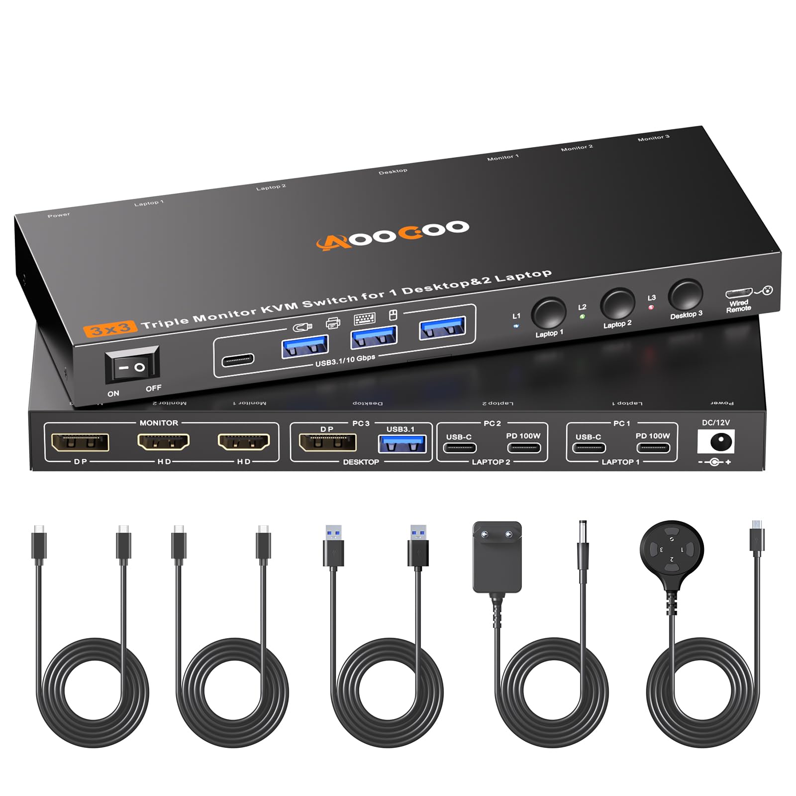 Commutateur KVM USB C DP pour 3 ordinateurs, 3 moniteurs, 4 K/1080p @ 60 Hz MST KVM Switch pour 1 PC et 2 ordinateurs portables Share 3 Moniteurs avec 4 appareils USB 3.0, PD pour ordinateur portable