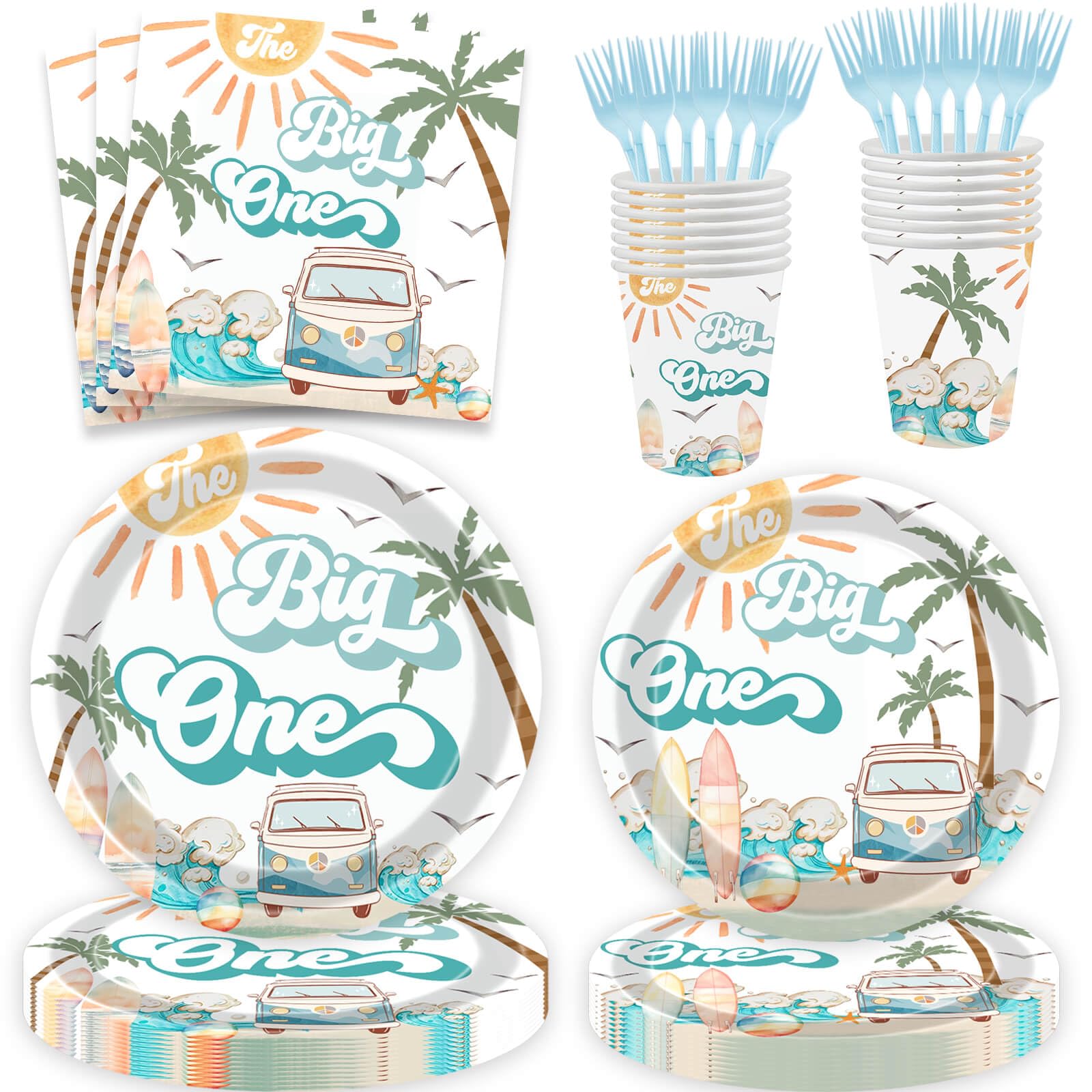 100 Pcs Surf The Big One Decoration Retro Surfer Boy 1st Birthday Paper Dinner Plates Napkins Cups Forks Dinnerware for Surf Board Sun Retro Van Wave
