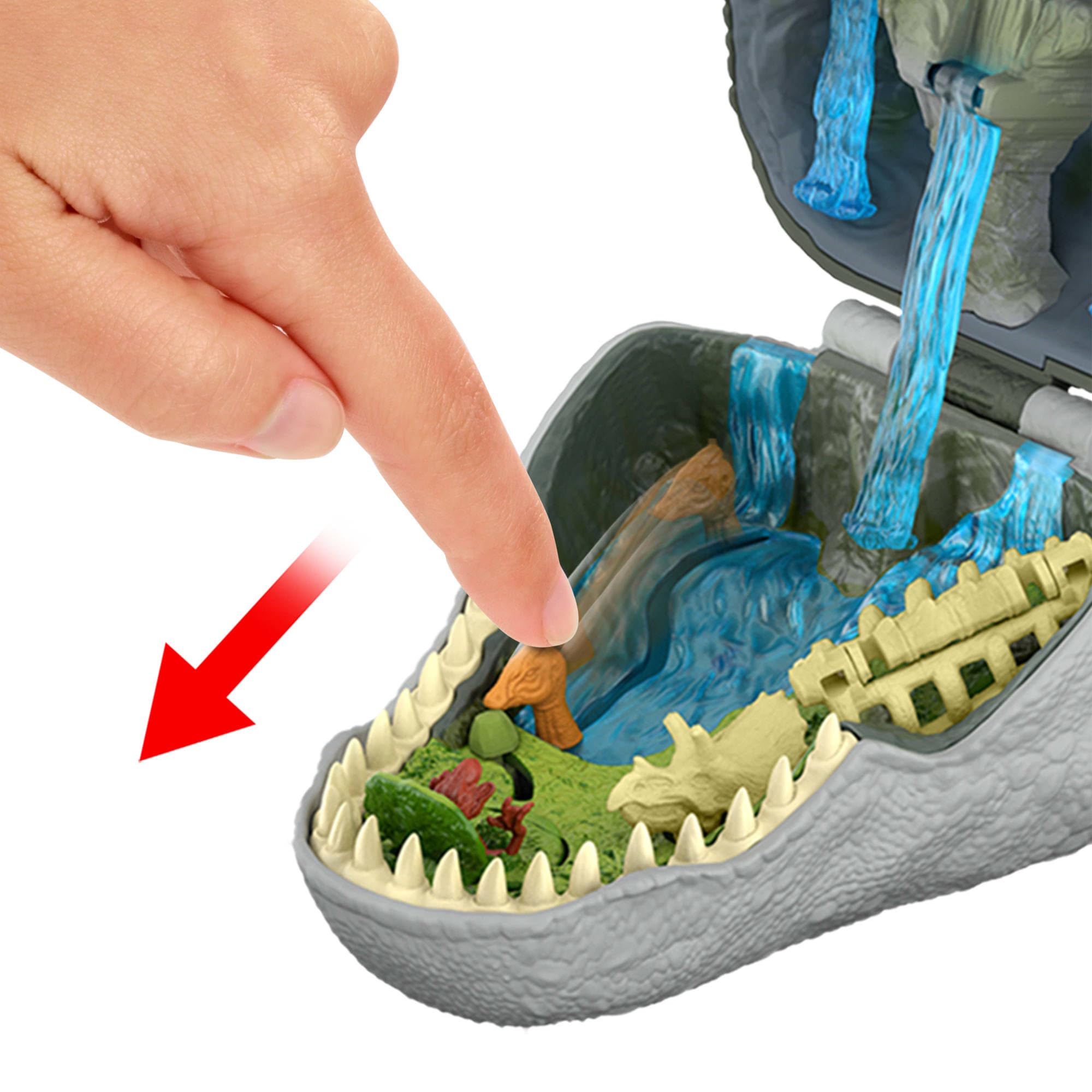 ​Mattel Jurassic World La Rinascita Micro Avventure, playset con testa di T-Rex che si apre con 4 funzionalità interattive, 3 micro personaggi, T-Rex giocattolo, JGB97