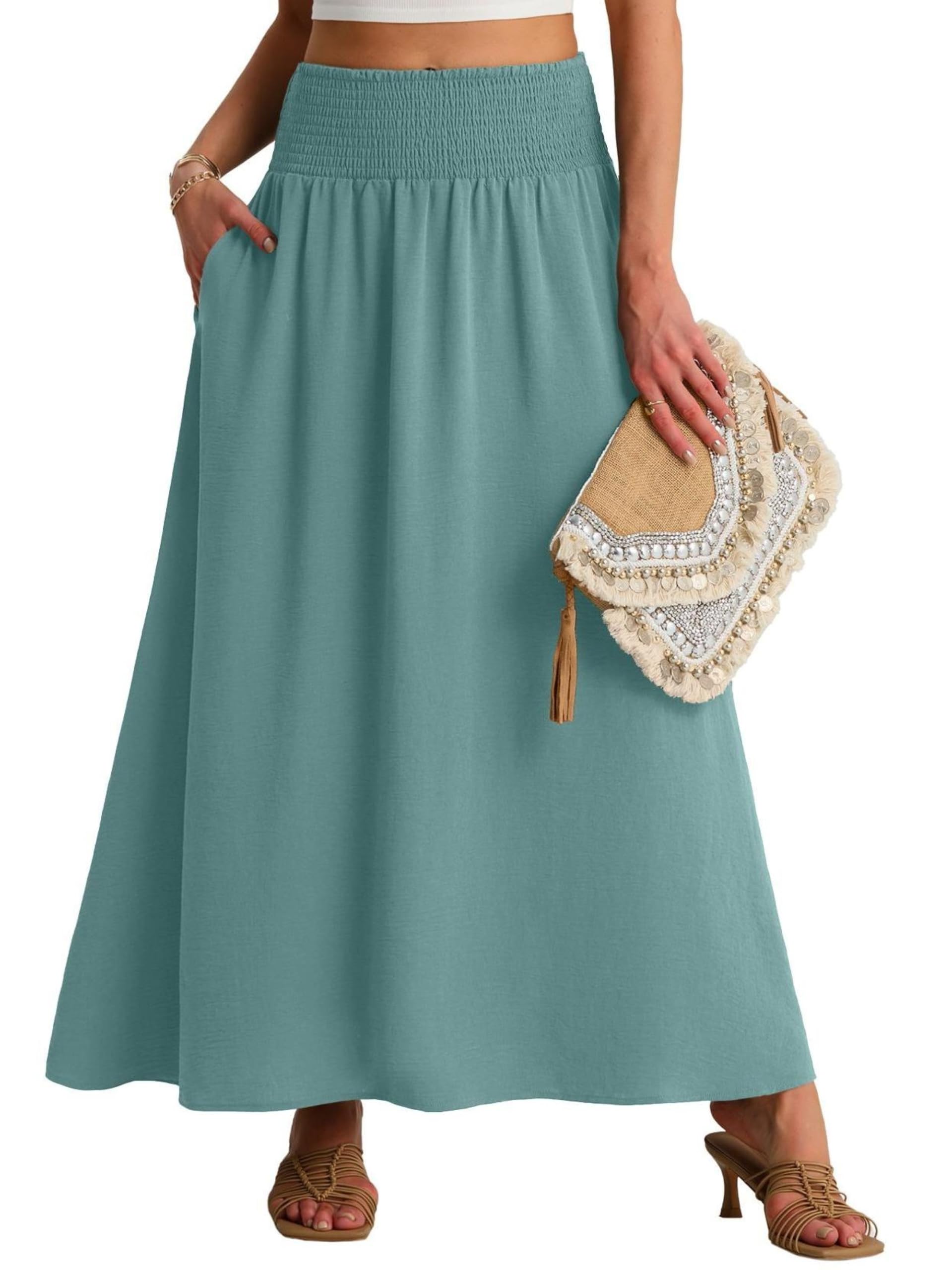 QIXING Damen Sommerrock Lang A-Linie Smocked Hohe Taille Swing Plisseerock mit Taschen Boho Maxirock