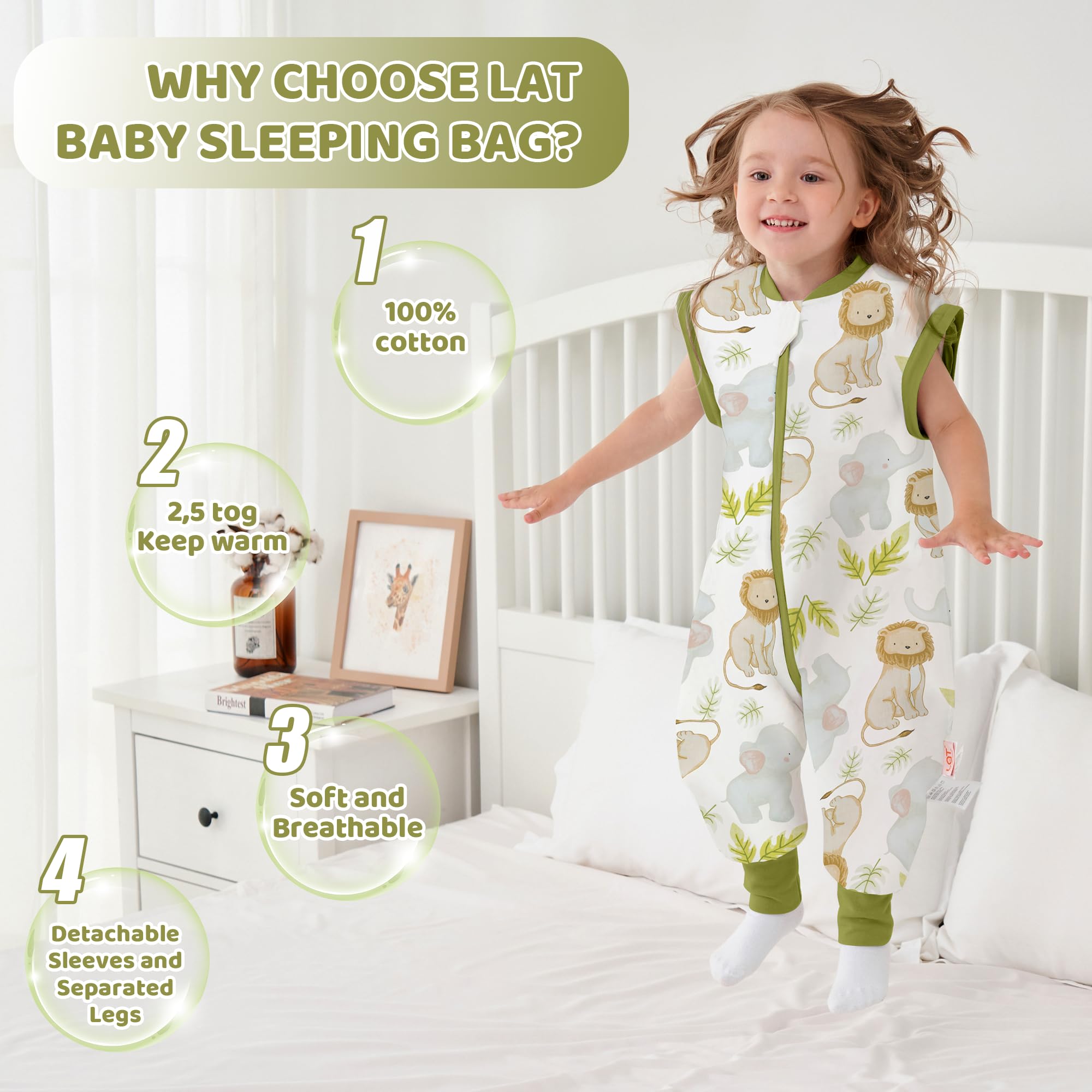 LAT Sacco Nanna Invernale, 2.5 Tog Sacco Nanna con Piedini e Maniche Staccabili, Sacco a Pelo in Cotone con Cerniera a 3 Vie per Bambini