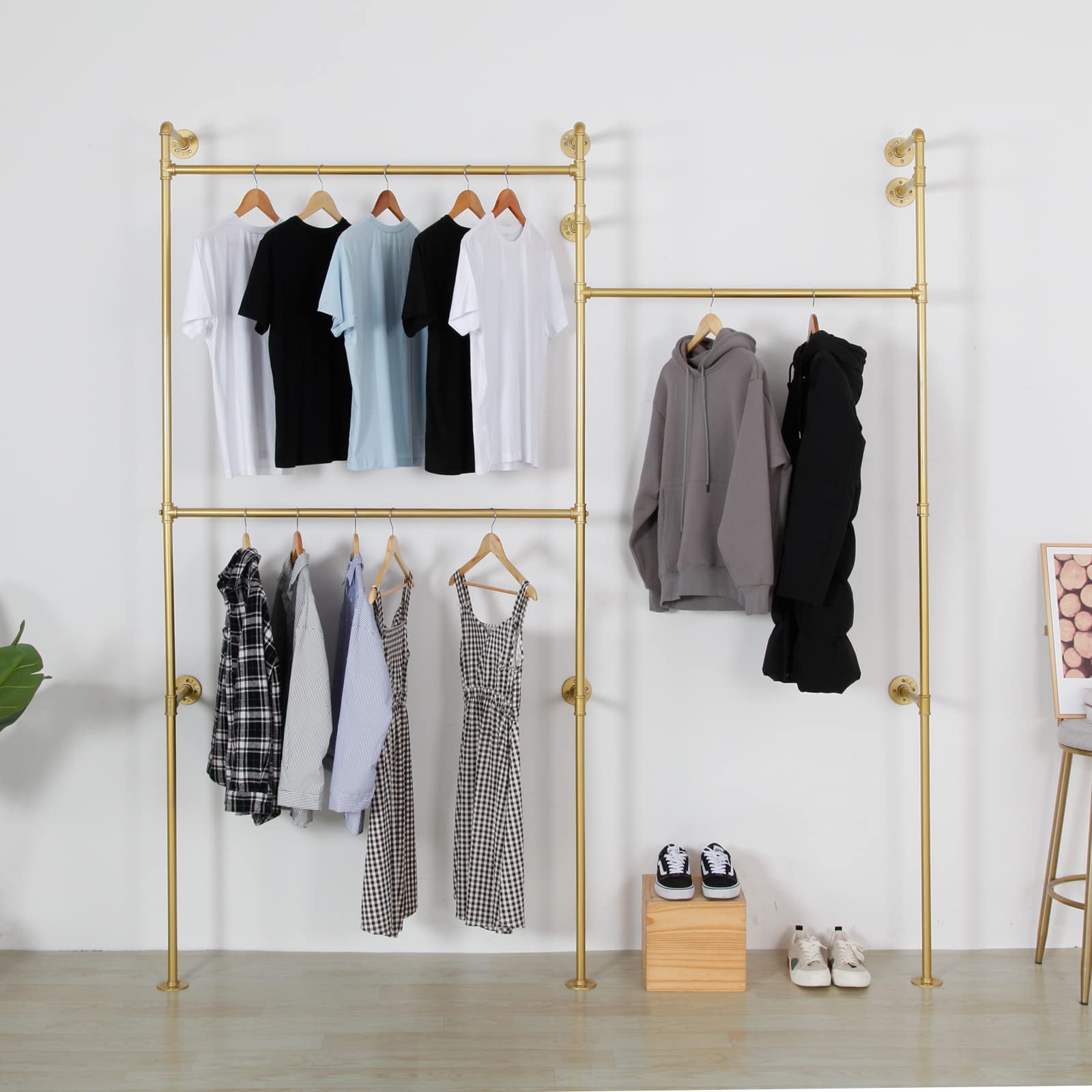 EDCB Modern Simple Industrial Pipe Double Hanging Rods Clothing Rack, Clothes Rack Wall Mounted Heavy Duty Hanging Clothes Rack, Detachable Garment Bar 93.7X84inch (Gold)
