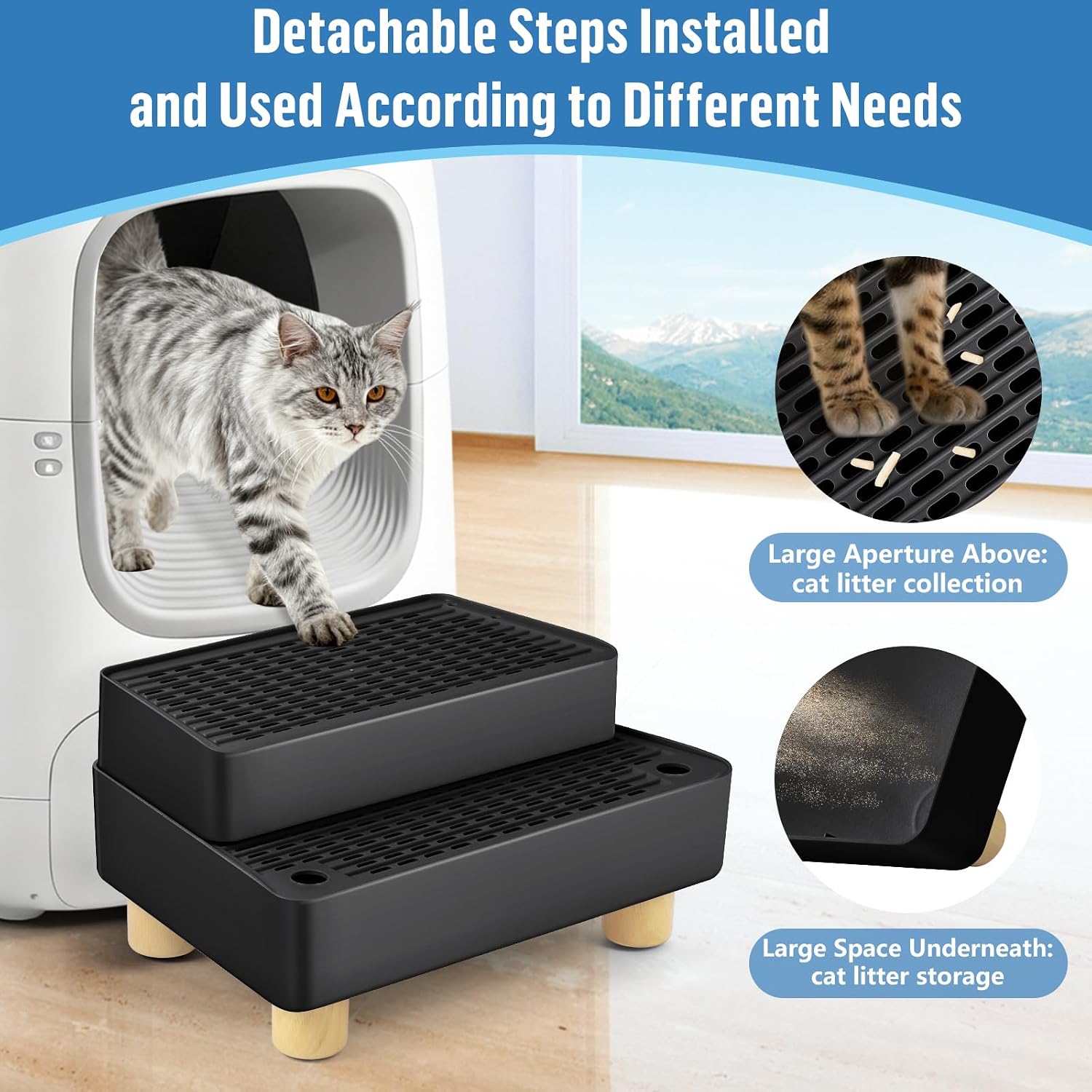 Extra Large 2 Steps Cat Litter Box Step Ramp, Cat Litter Catcher Mat with Wooden Feet, Filter Function, Cat's Pedal Stool for Self-Cleaning Litter, Suitable Kitten & Elderly Cats (Black) image 3